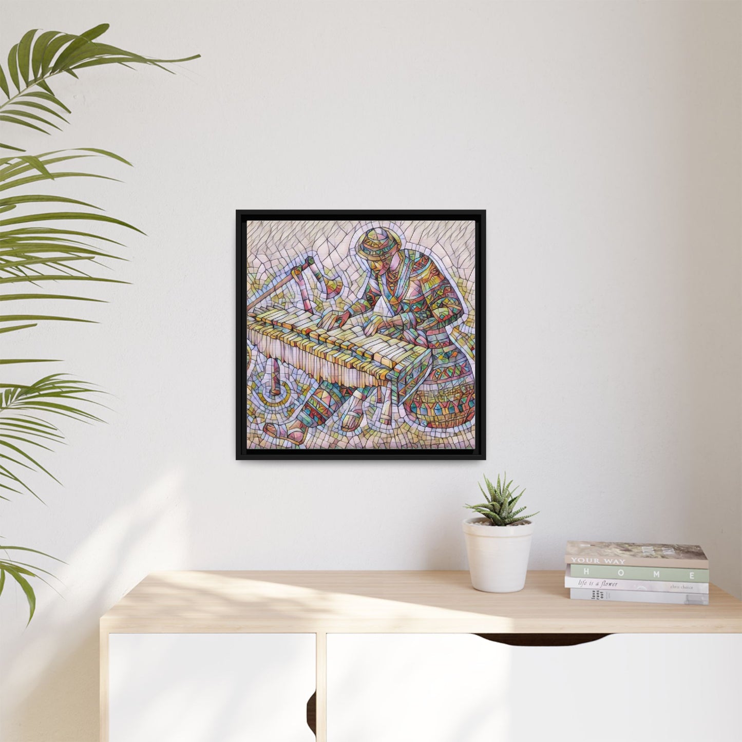 Framed Canvas Art - Colorful Mosaic Vibraphone Musician Print