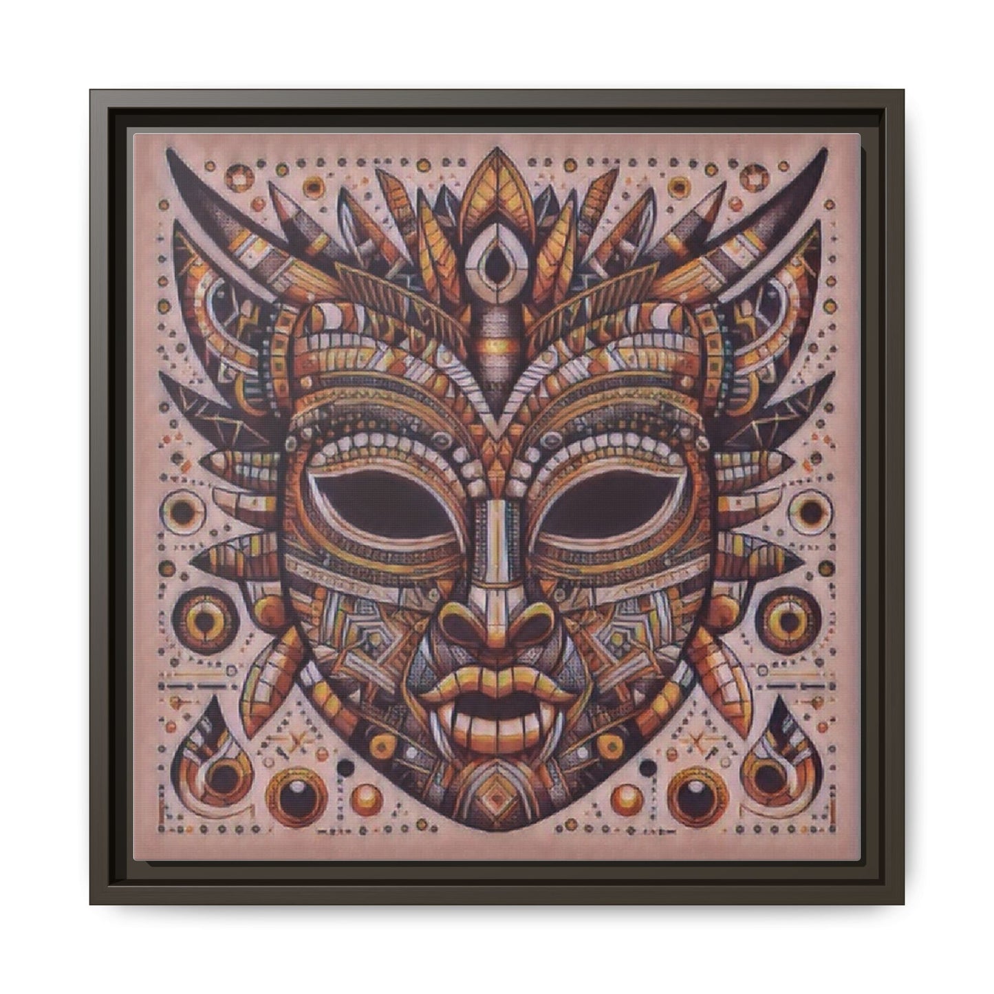 Tribal Mask Framed Canvas Art — Multicolor Matte Wall Decor