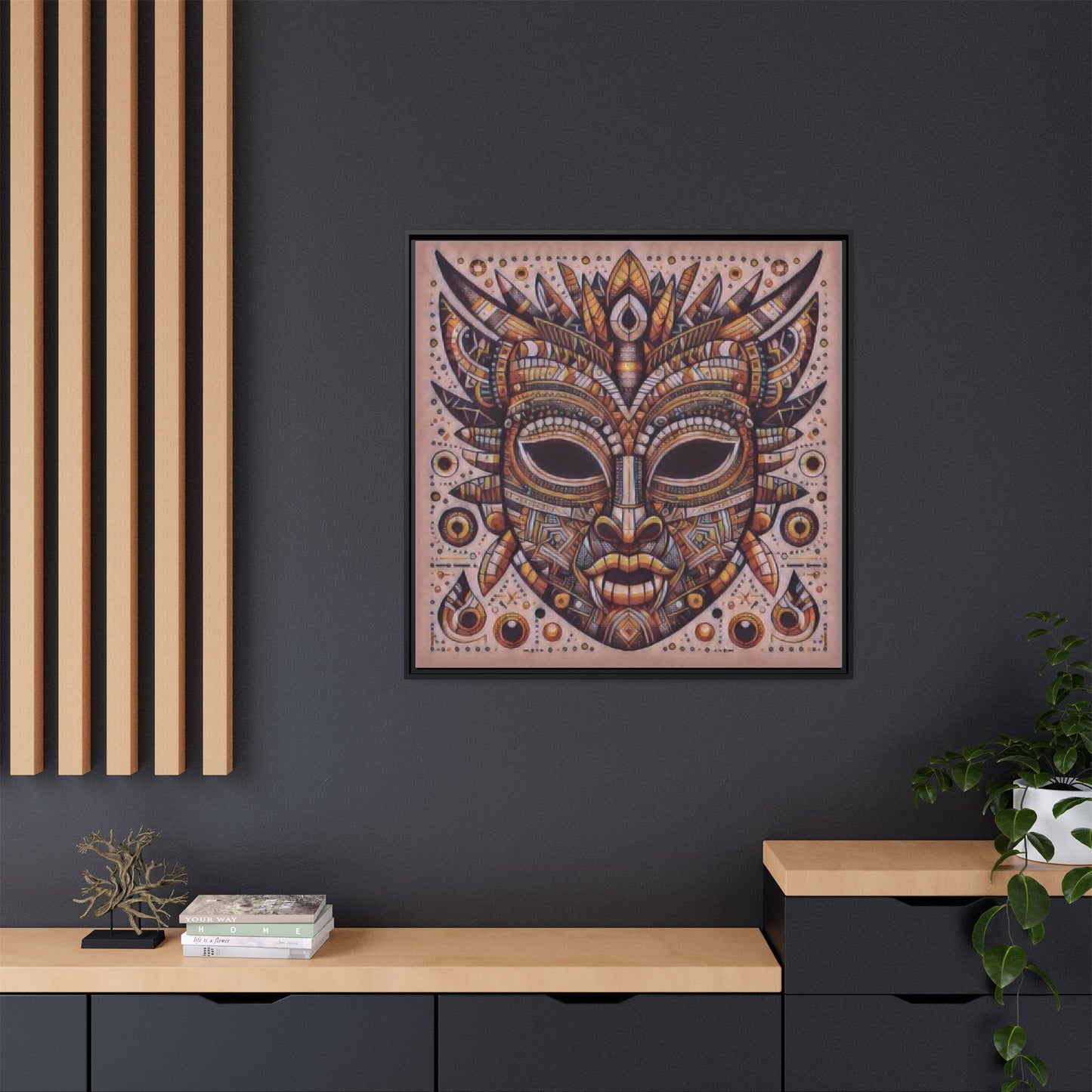 Tribal Mask Framed Canvas Art — Multicolor Matte Wall Decor