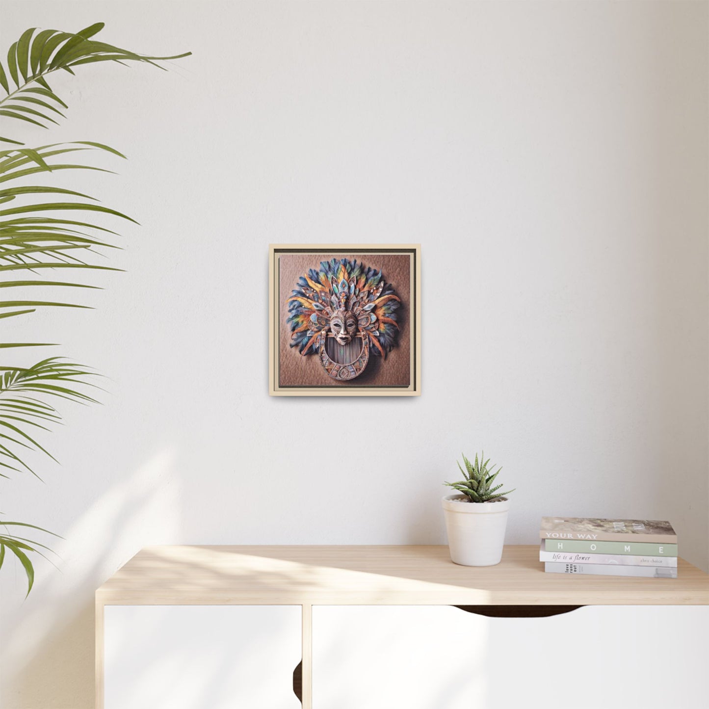 Tribal Feather Mask Framed Canvas Wall Art — Colorful Boho Decorative Print