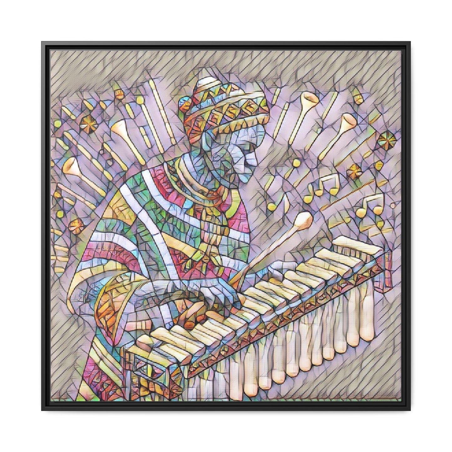 Colorful Marimba Musician Matte Framed Canvas — Vibrant African Instrument Wall Art