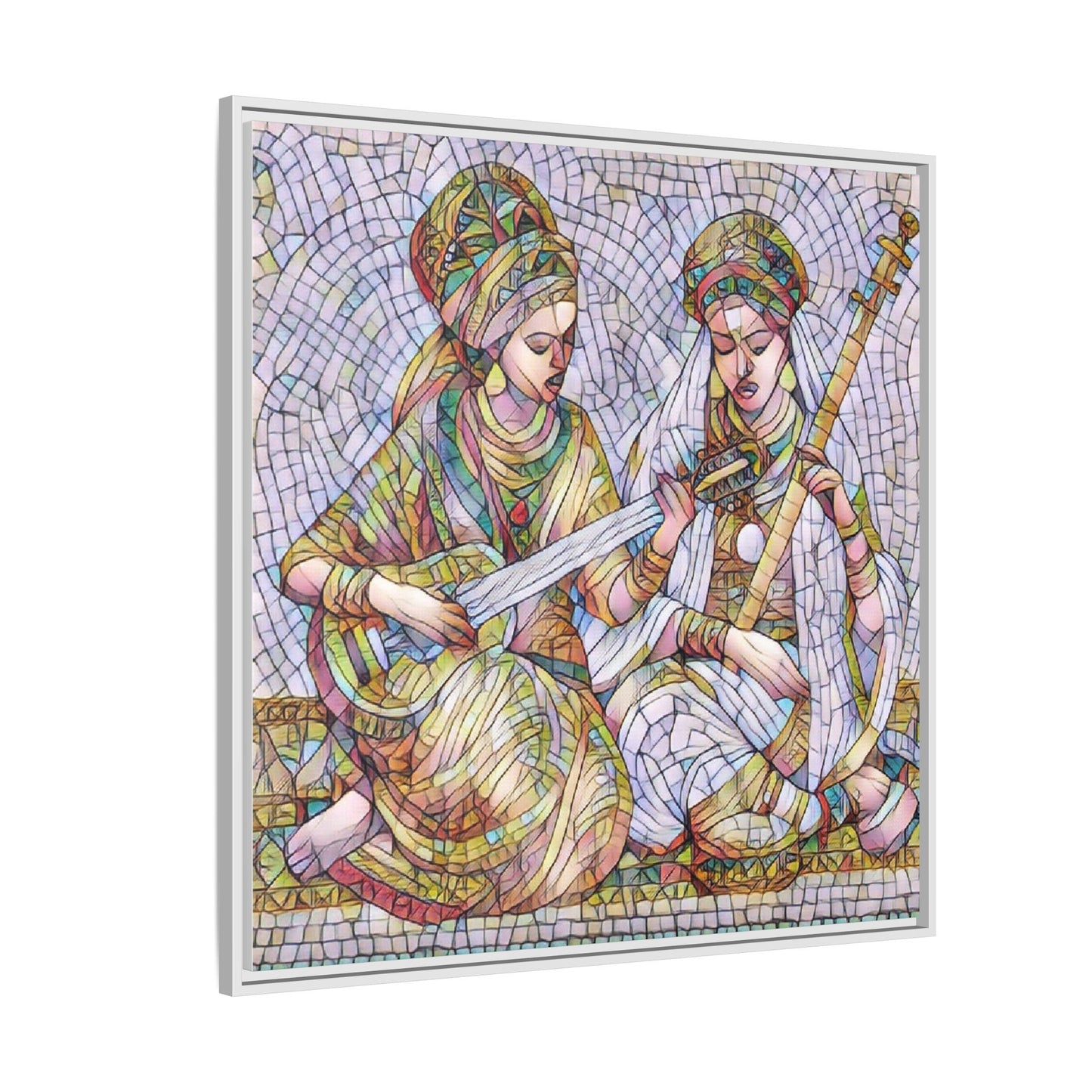 Framed Mosaic Art Print — Two Women Playing Lutes (Matte Canvas)