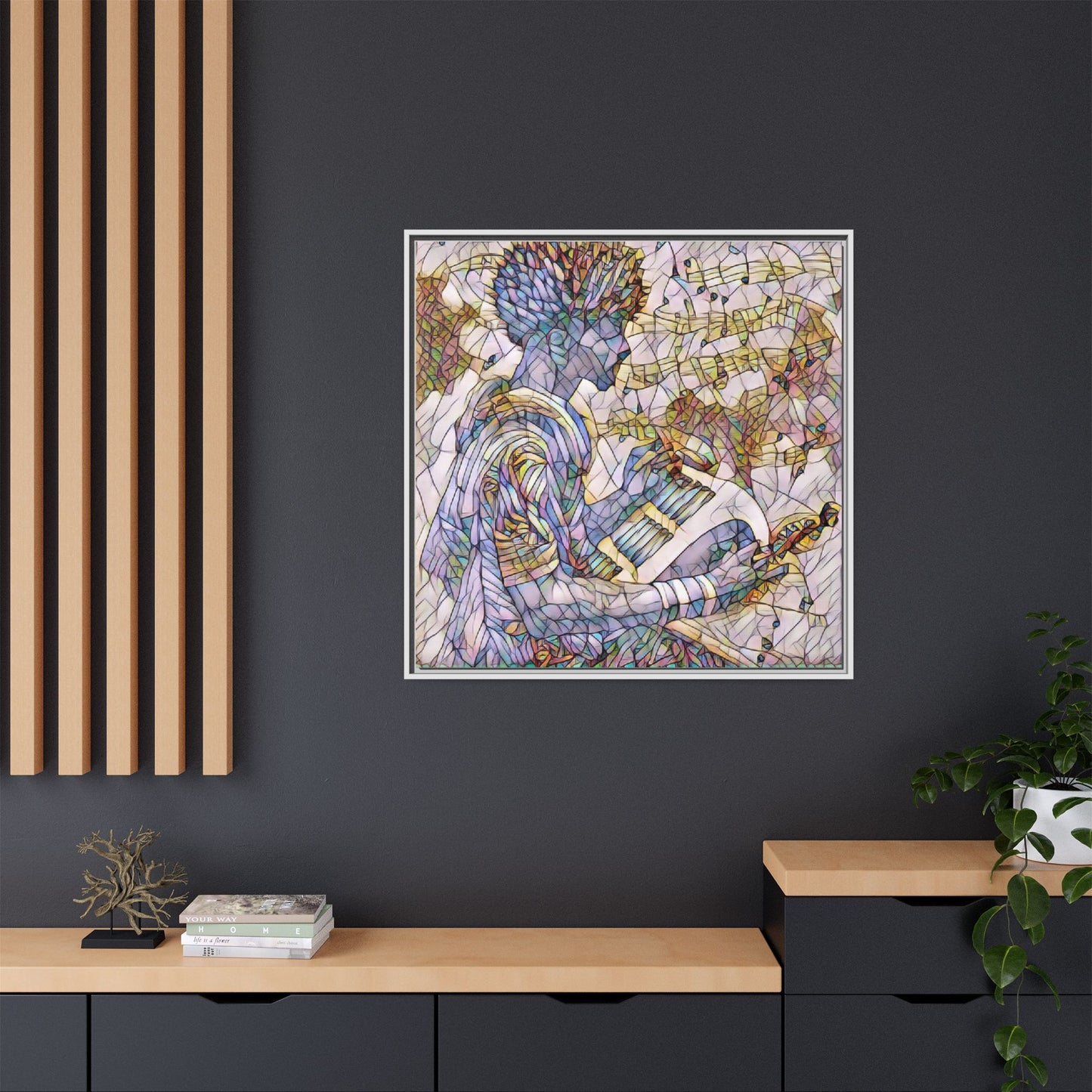 Abstract Jazz Musician Framed Canvas Art — Colorful Stained-Glass Style Wall Decor