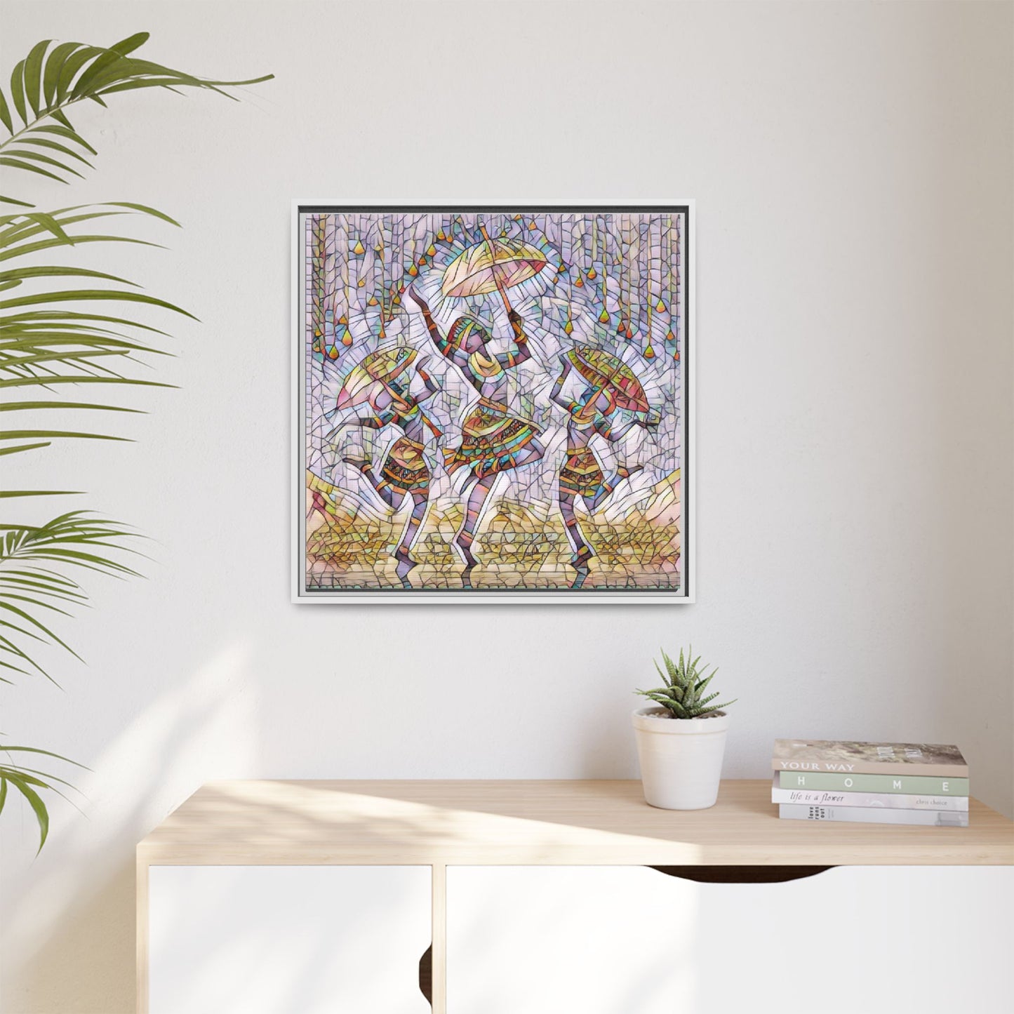 Colorful African Dance Framed Canvas Art — Umbrella Dancers Wall Decor