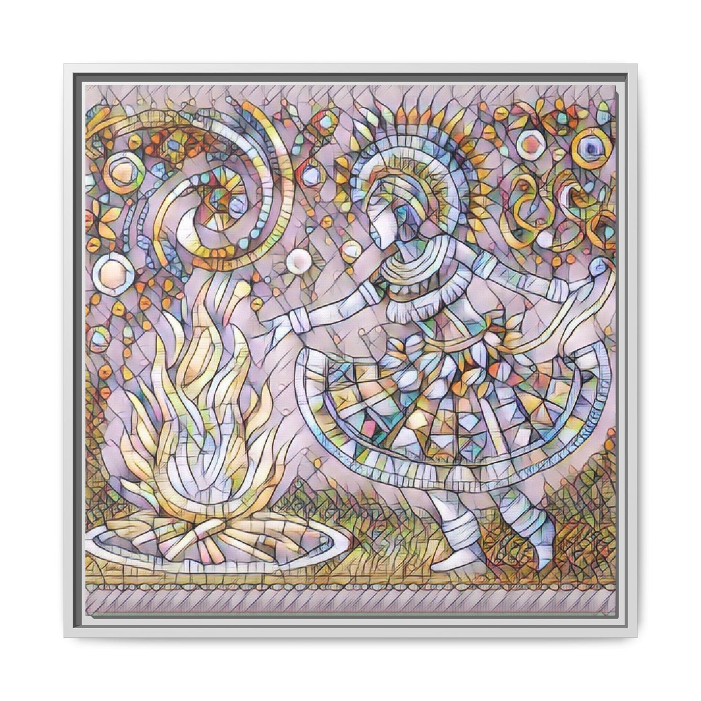 Bohemian Fire Dancer Framed Canvas Art — Colorful Folk Mosaic Wall Decor