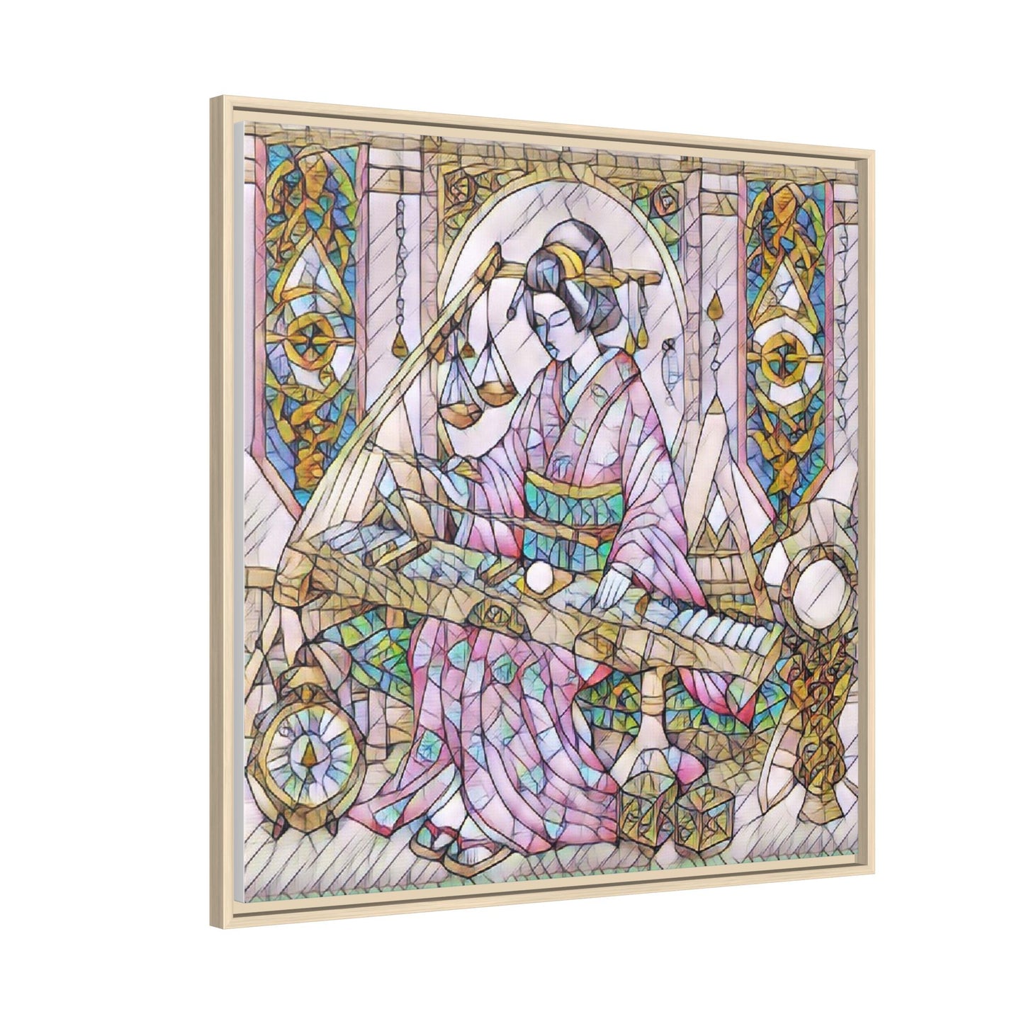 Framed Matte Canvas — Geisha Harp Stained-Glass Art Print