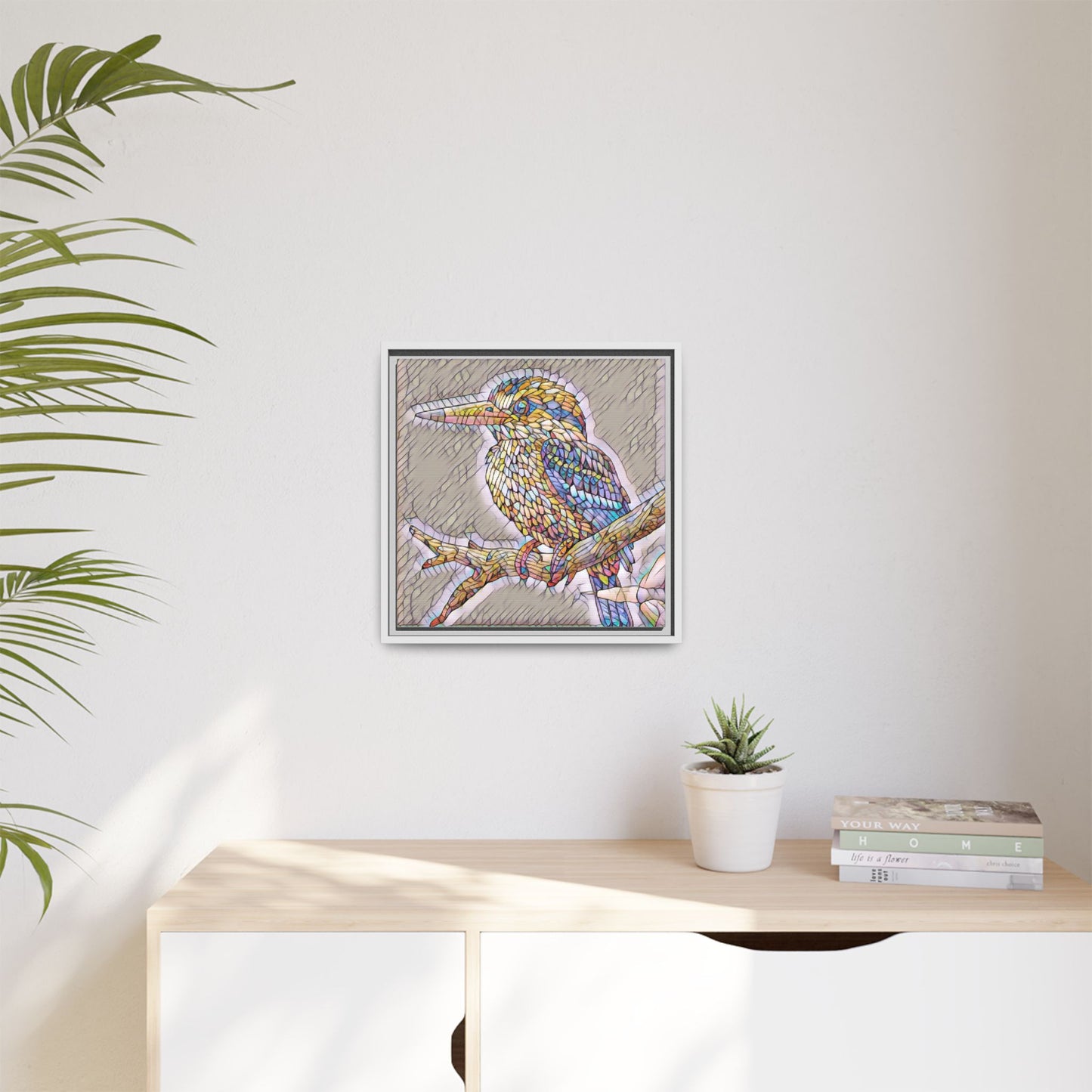 Colorful Kingfisher Framed Canvas Wall Art — Stained-Glass Style Bird Print