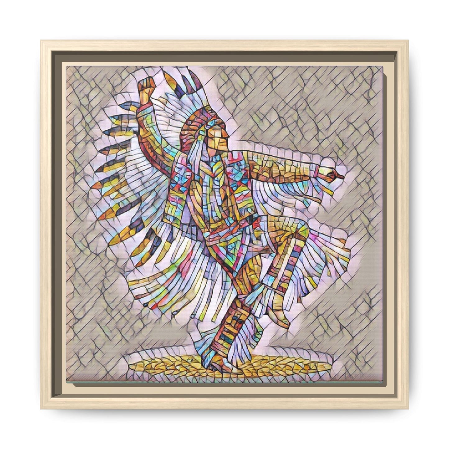 Colorful Native Dancer Framed Canvas Art — Stained Glass Style Wall Decor