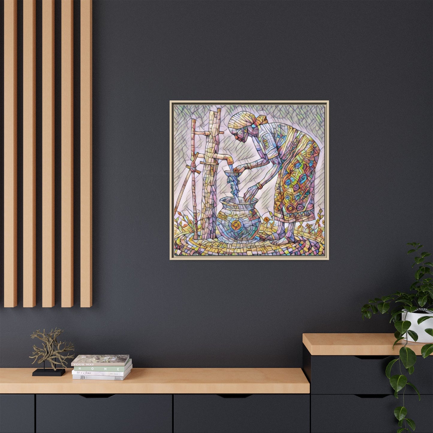 Framed Matte Canvas Art — Colorful Mosaic Woman at Well