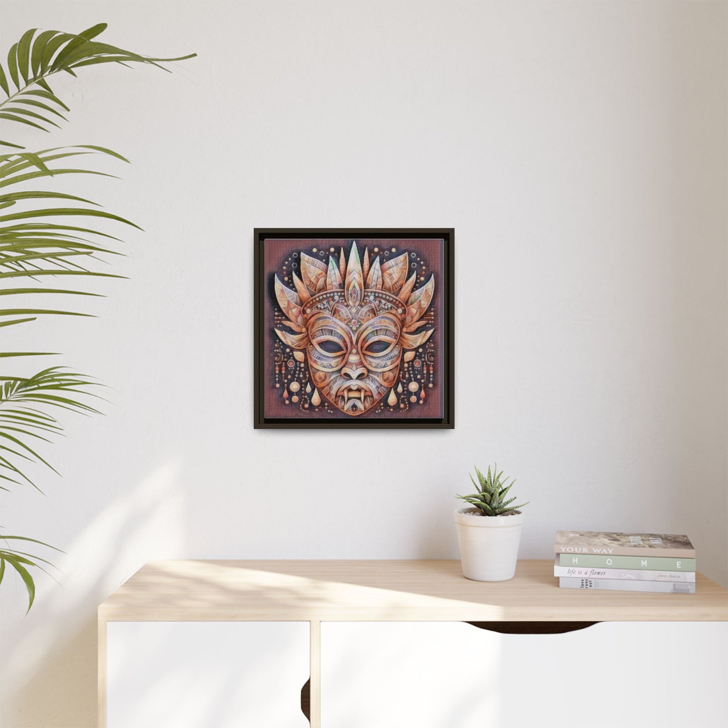 Tribal Sun Mask Framed Canvas Art — Boho Ethnic Wall Decor