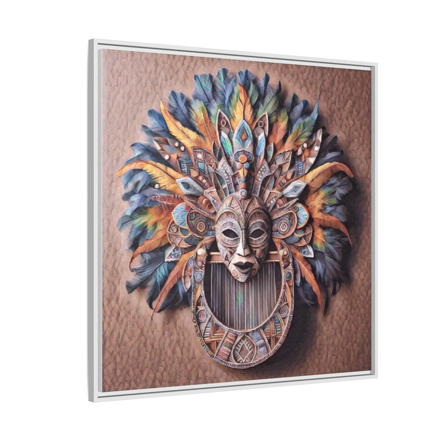 Tribal Feather Mask Framed Canvas Wall Art — Colorful Boho Decorative Print