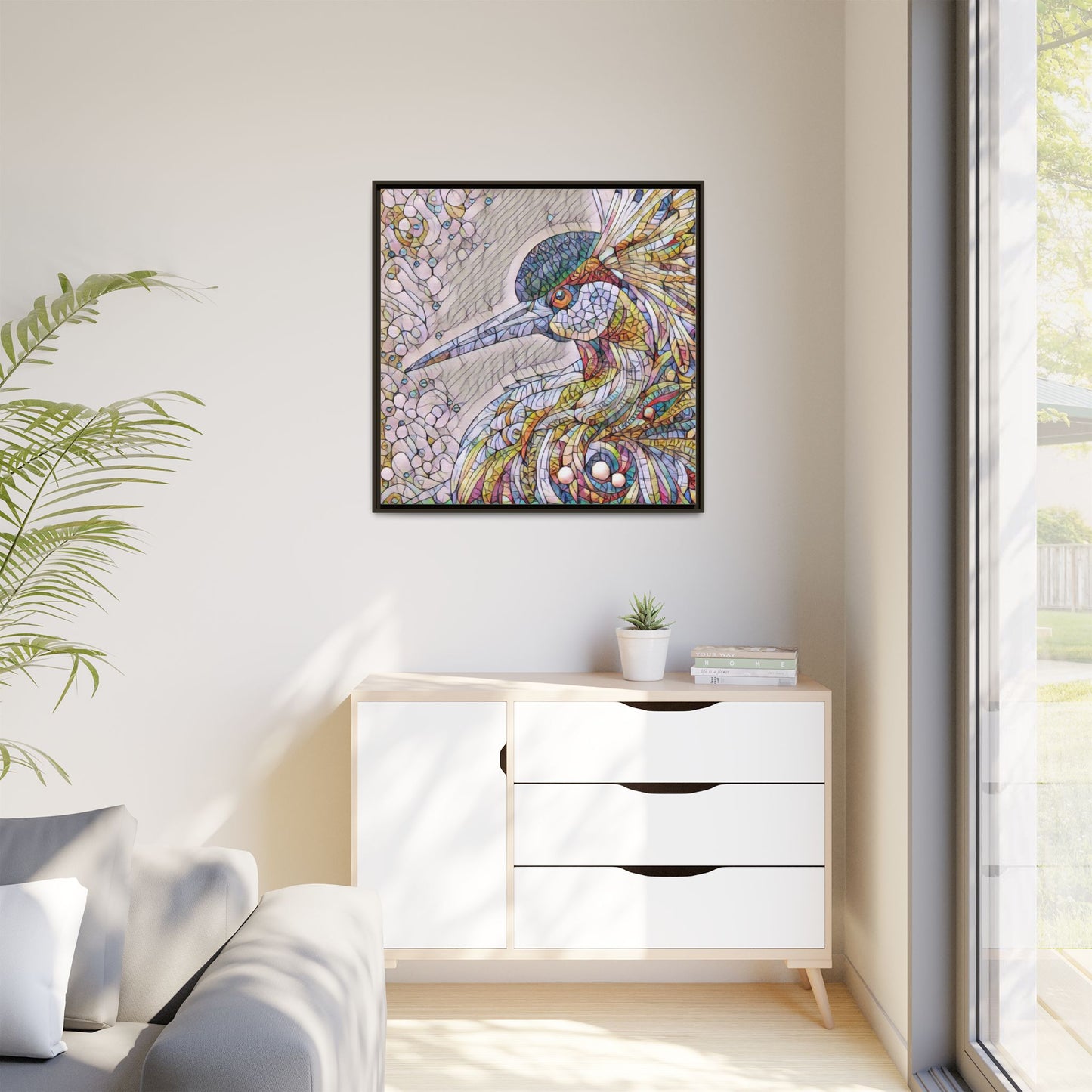 Colorful Stained-Glass Heron Matte Canvas Framed Wall Art