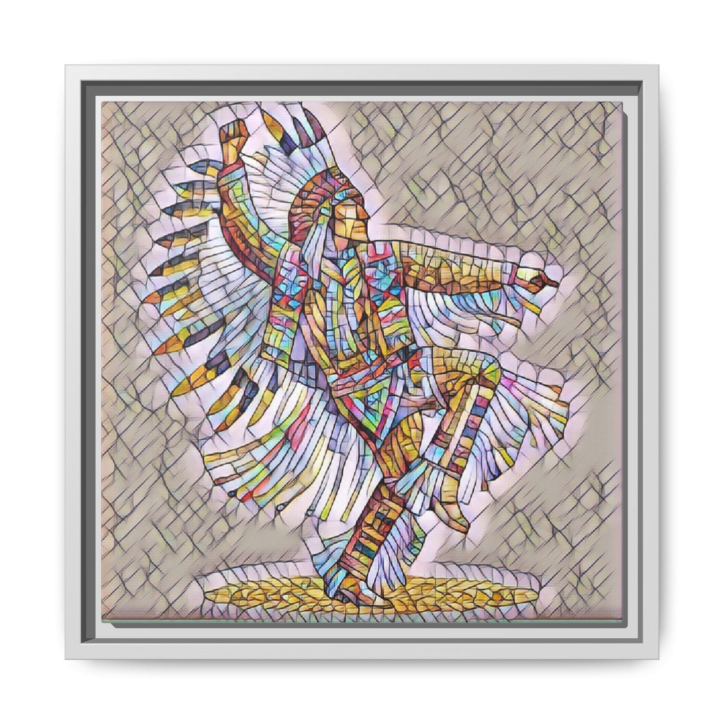 Colorful Native Dancer Framed Canvas Art — Stained Glass Style Wall Decor