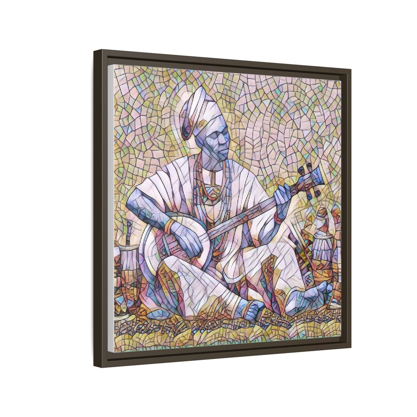 Framed Mosaic Musician Canvas Art — African Griot with Kora