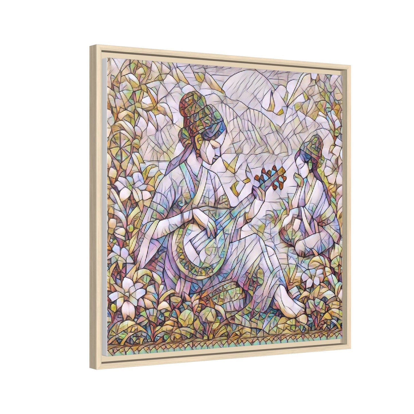 Framed Matte Canvas Art - Vintage Asian Musicians Floral Illustration