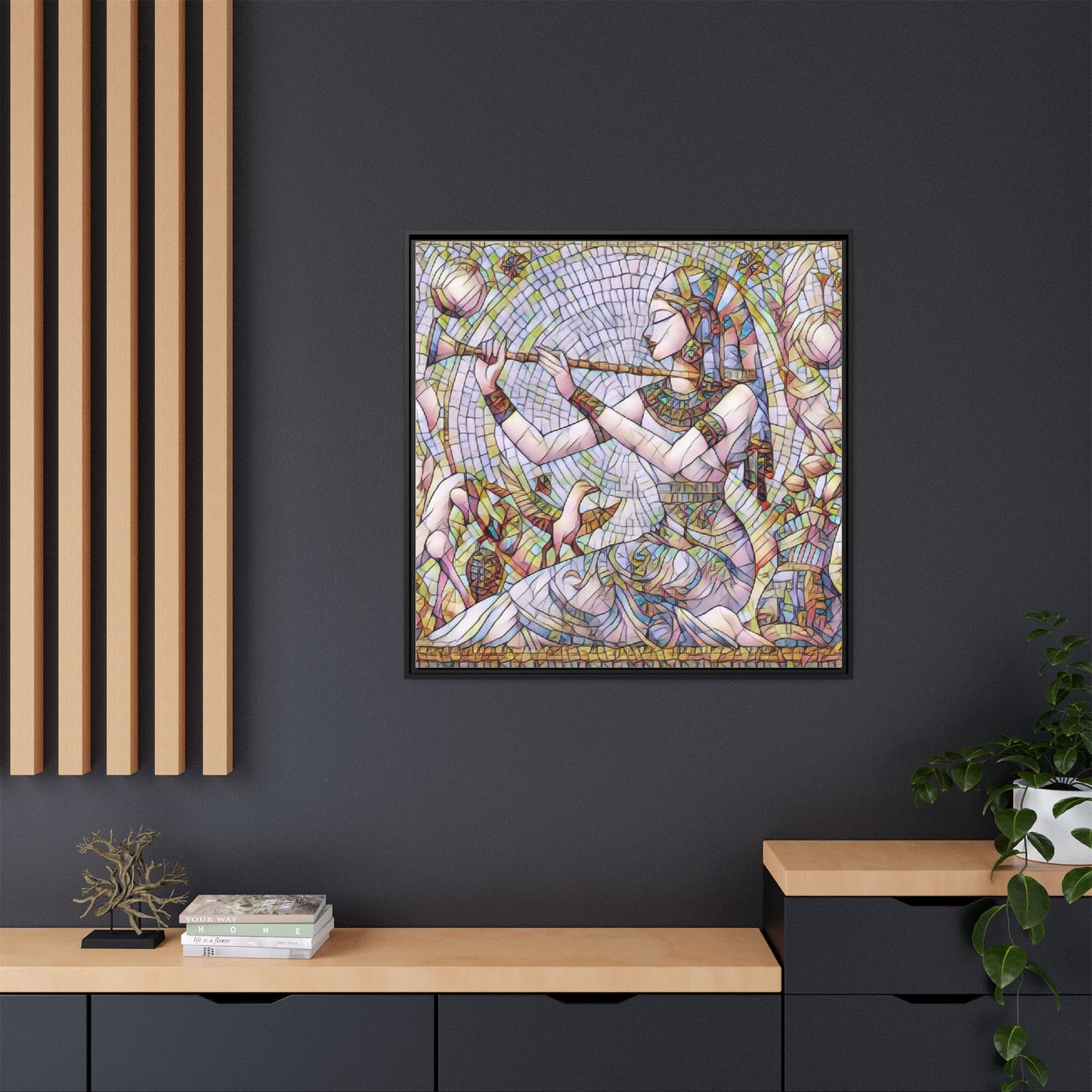 Egyptian Flute Player Framed Canvas Art — Colorful Mosaic Wall Decor