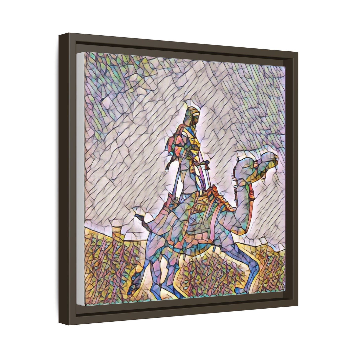 Framed Camel Rider Matte Canvas Art — Colorful Mosaic Desert Wall Decor