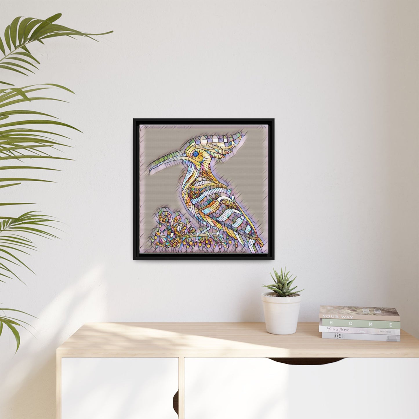 Colorful Mosaic Bird Framed Canvas Art — Whimsical Hoopoe Wall Decor