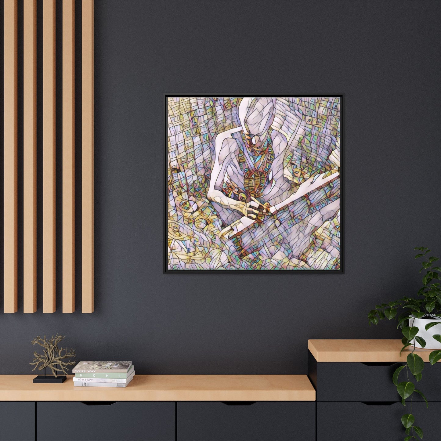 Abstract Fantasy Warrior Matte Framed Canvas — Colorful Stained-Glass Style Art