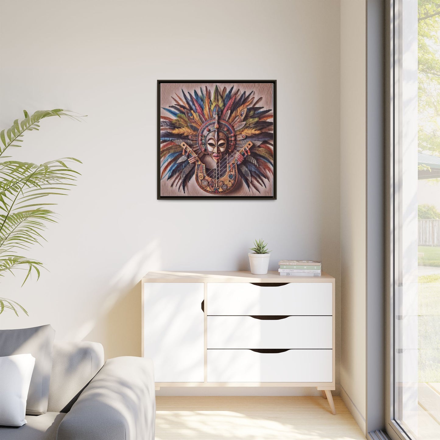 Tribal Feather Mask Guitar Framed Canvas Art — Colorful Boho Wall Decor