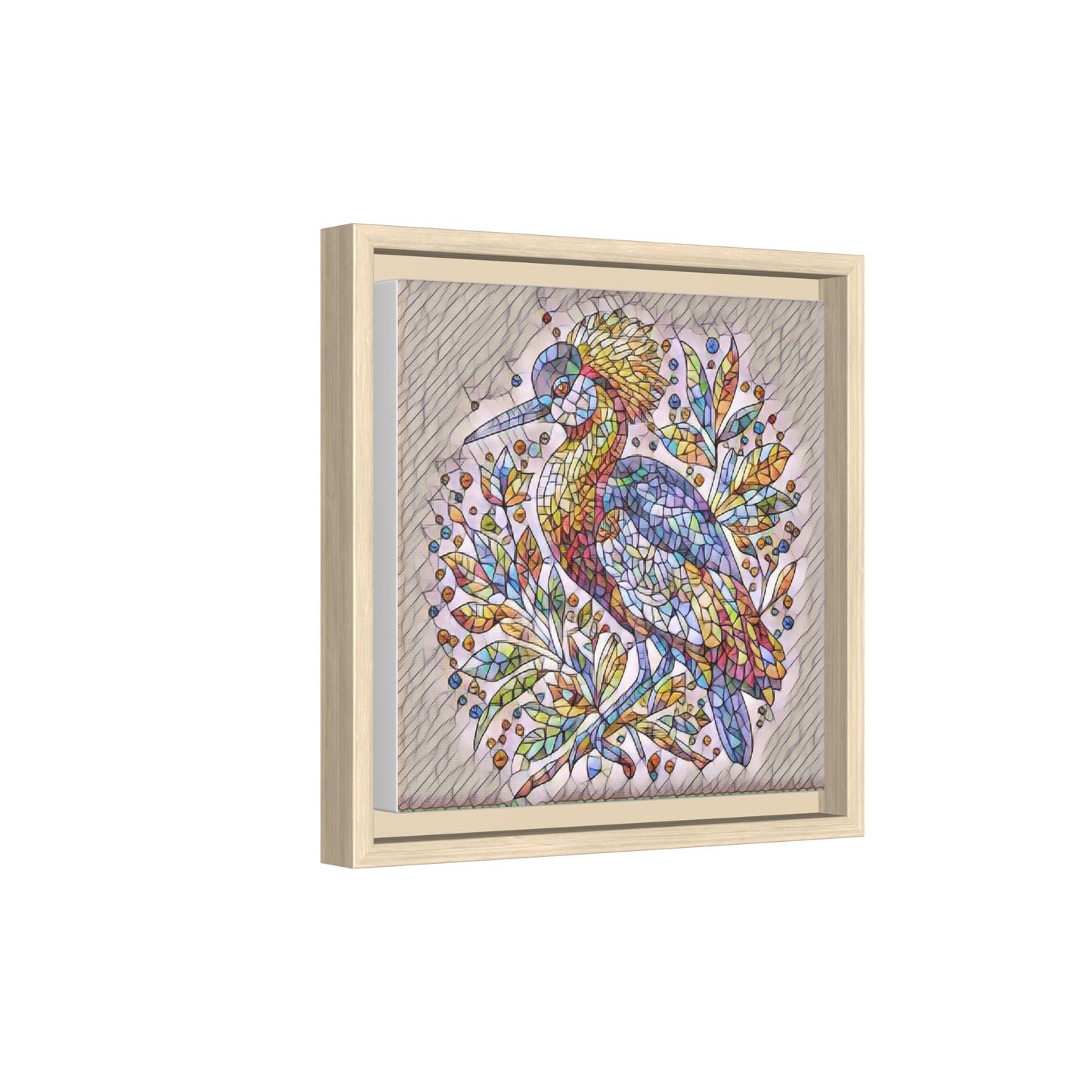 Colorful Stained-Glass Heron — Framed Matte Canvas Wall Art