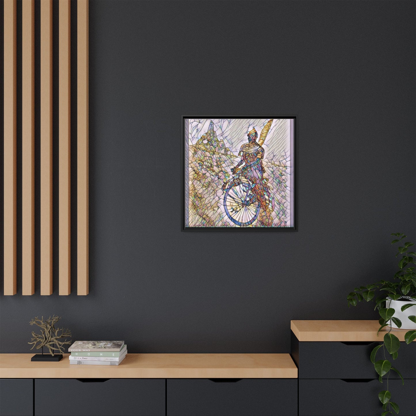 Cyclist Stained Glass Art Print — Framed Matte Canvas