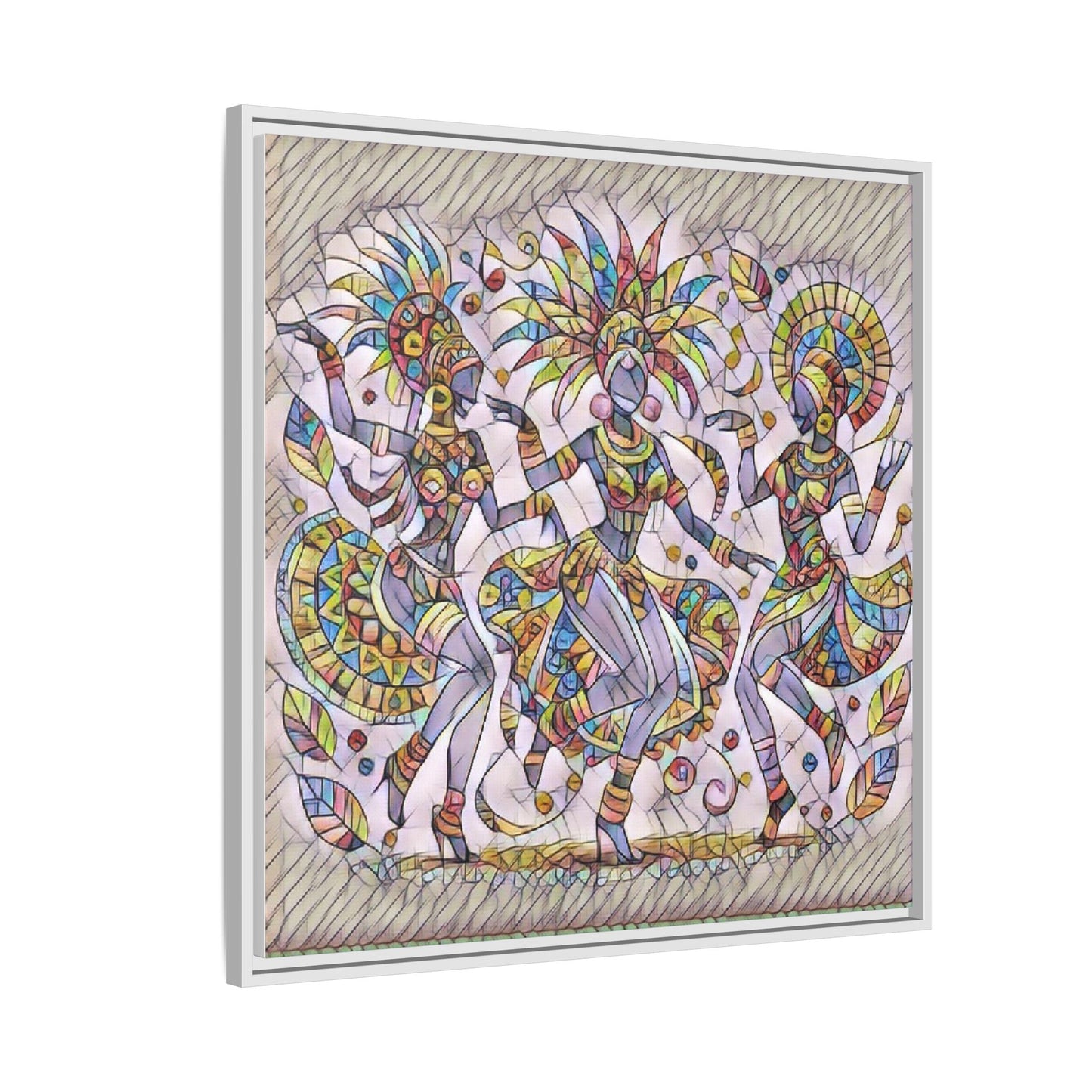 Colorful Carnival Dancers Framed Canvas Art — Multicolor Tribal Celebration Print