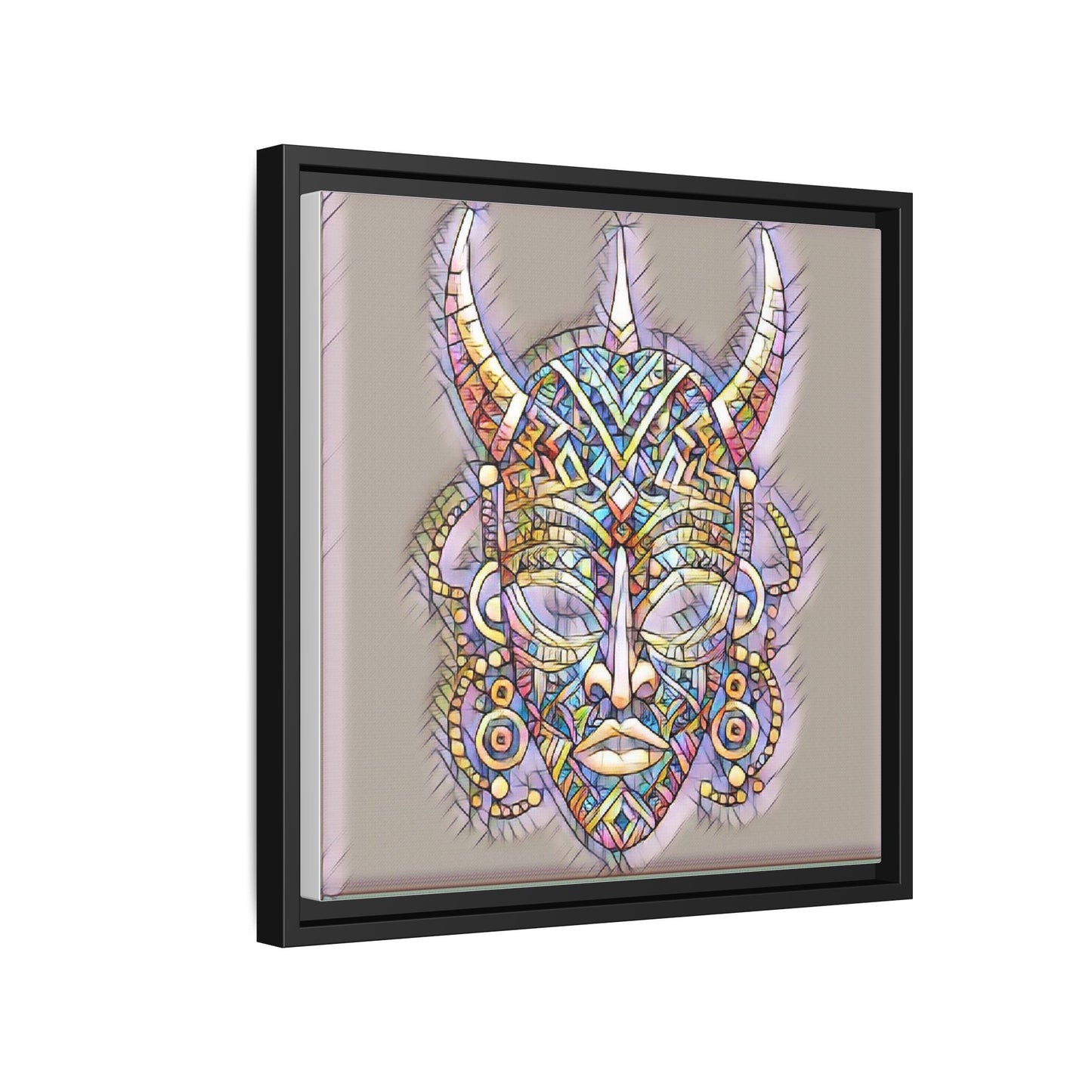 Colorful Tribal Mask Framed Canvas Art — Abstract Ethnic Wall Decor