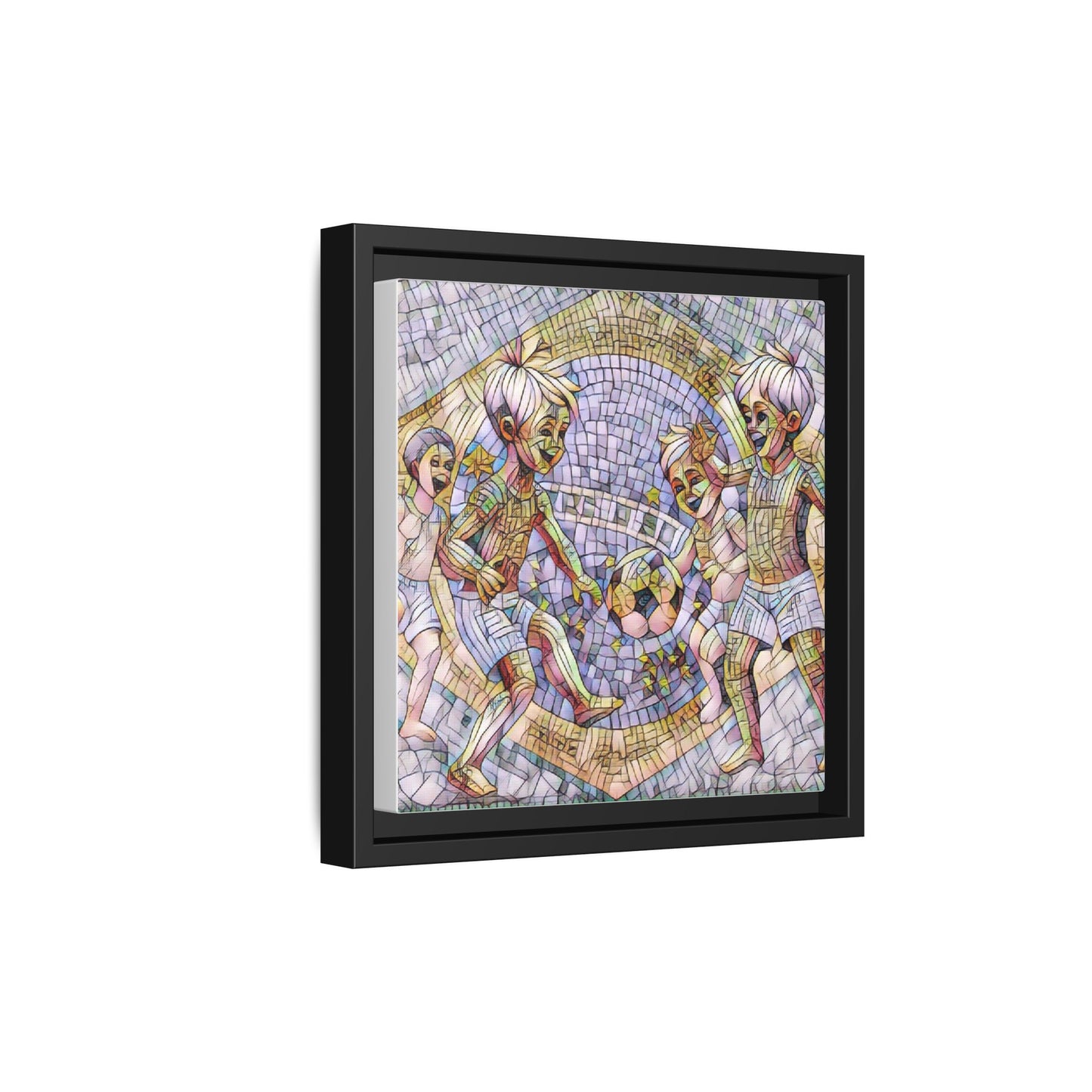 Framed Matte Canvas – Vintage Mosaic Kids Playing Soccer Art