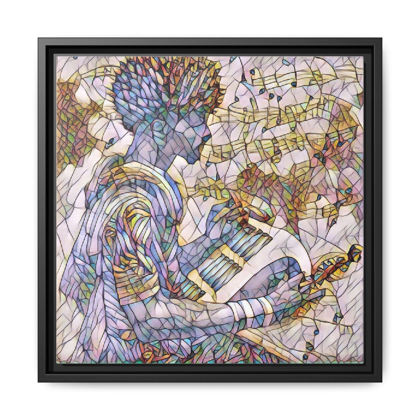 Abstract Jazz Musician Framed Canvas Art — Colorful Stained-Glass Style Wall Decor