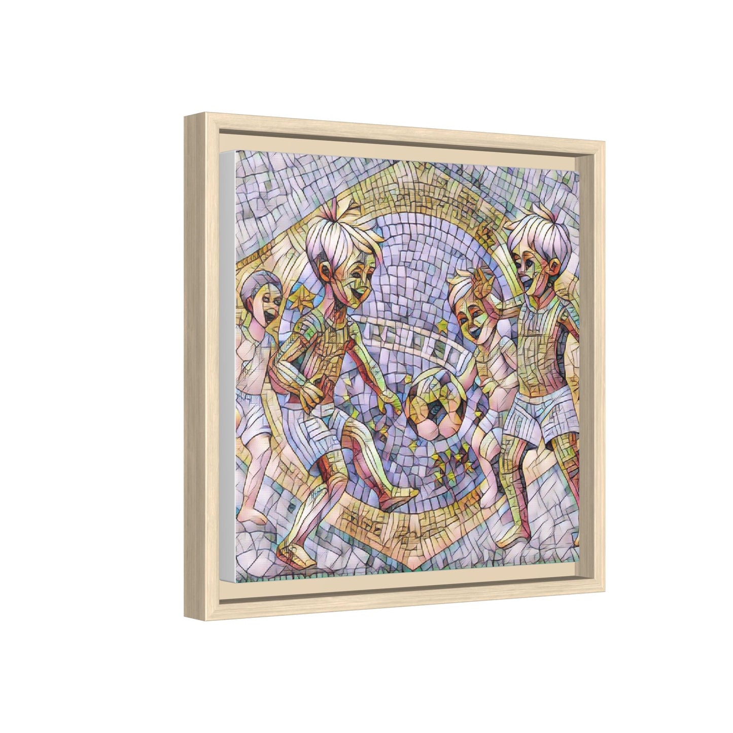 Framed Matte Canvas – Vintage Mosaic Kids Playing Soccer Art