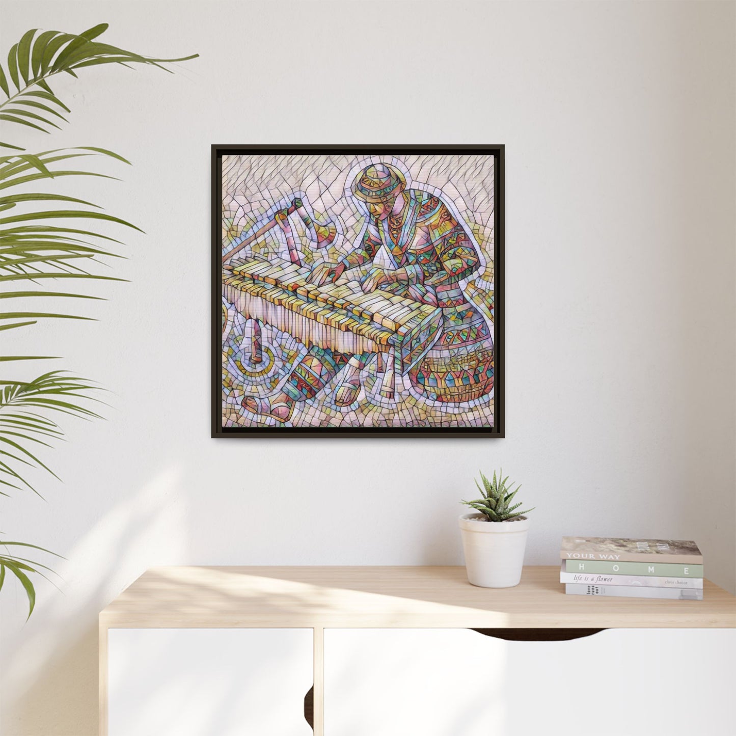 Framed Canvas Art - Colorful Mosaic Vibraphone Musician Print