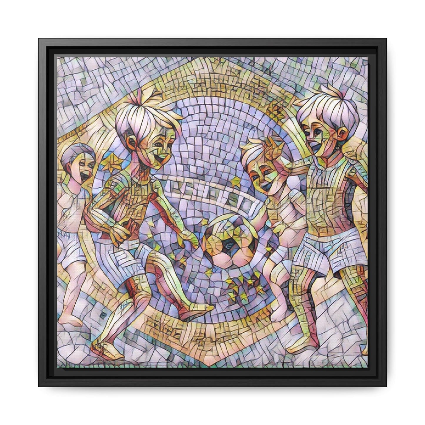 Framed Matte Canvas – Vintage Mosaic Kids Playing Soccer Art
