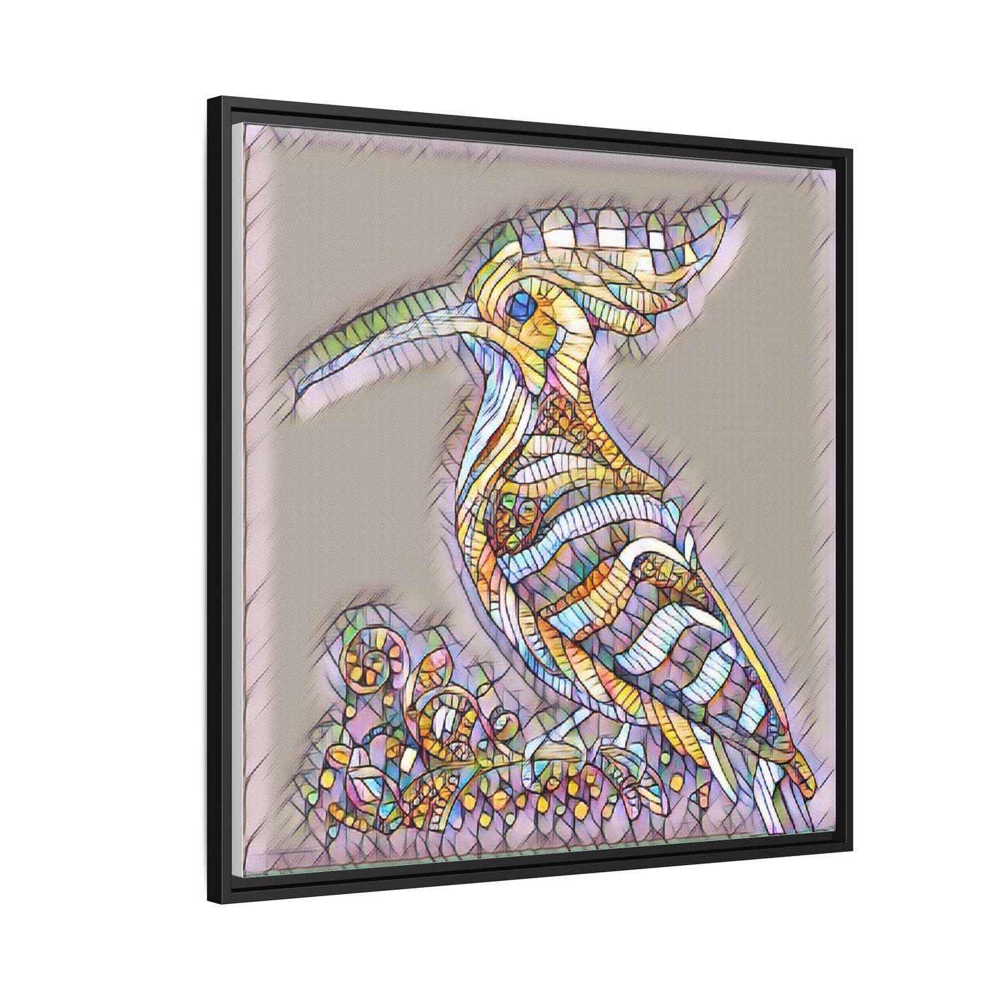 Colorful Mosaic Bird Framed Canvas Art — Whimsical Hoopoe Wall Decor
