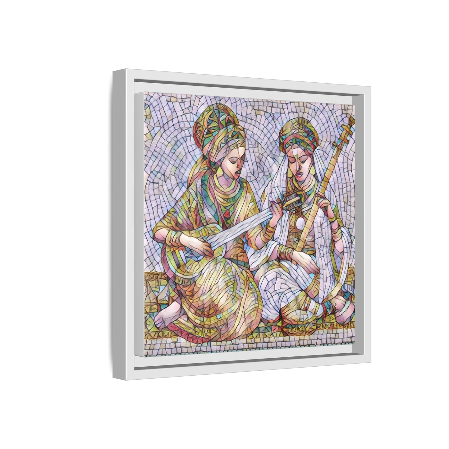 Framed Mosaic Art Print — Two Women Playing Lutes (Matte Canvas)