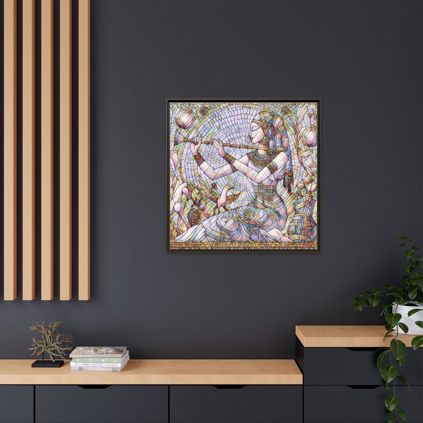 Egyptian Flute Player Framed Canvas Art — Colorful Mosaic Wall Decor