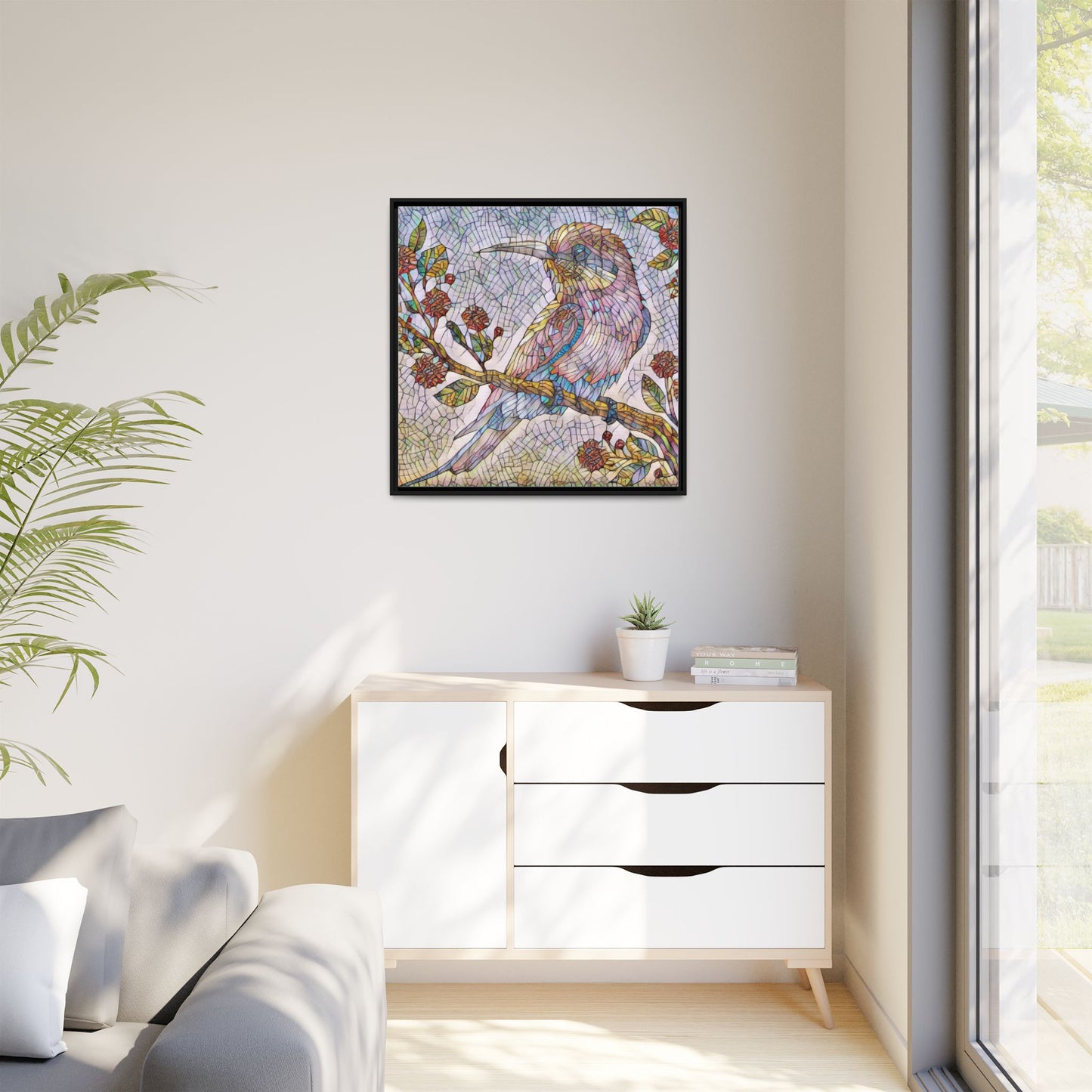 Framed Mosaic Bird Art Print — Colorful Kookaburra Wall Canvas