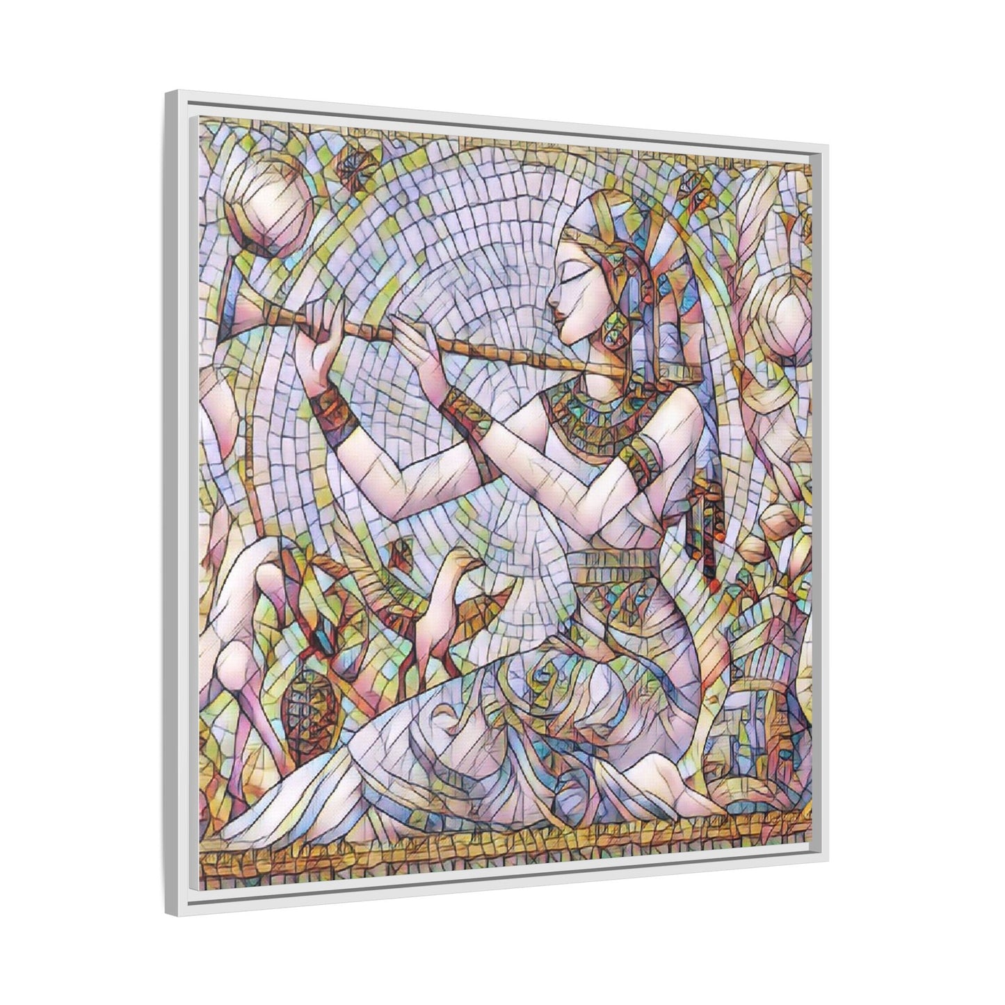 Egyptian Flute Player Framed Canvas Art — Colorful Mosaic Wall Decor