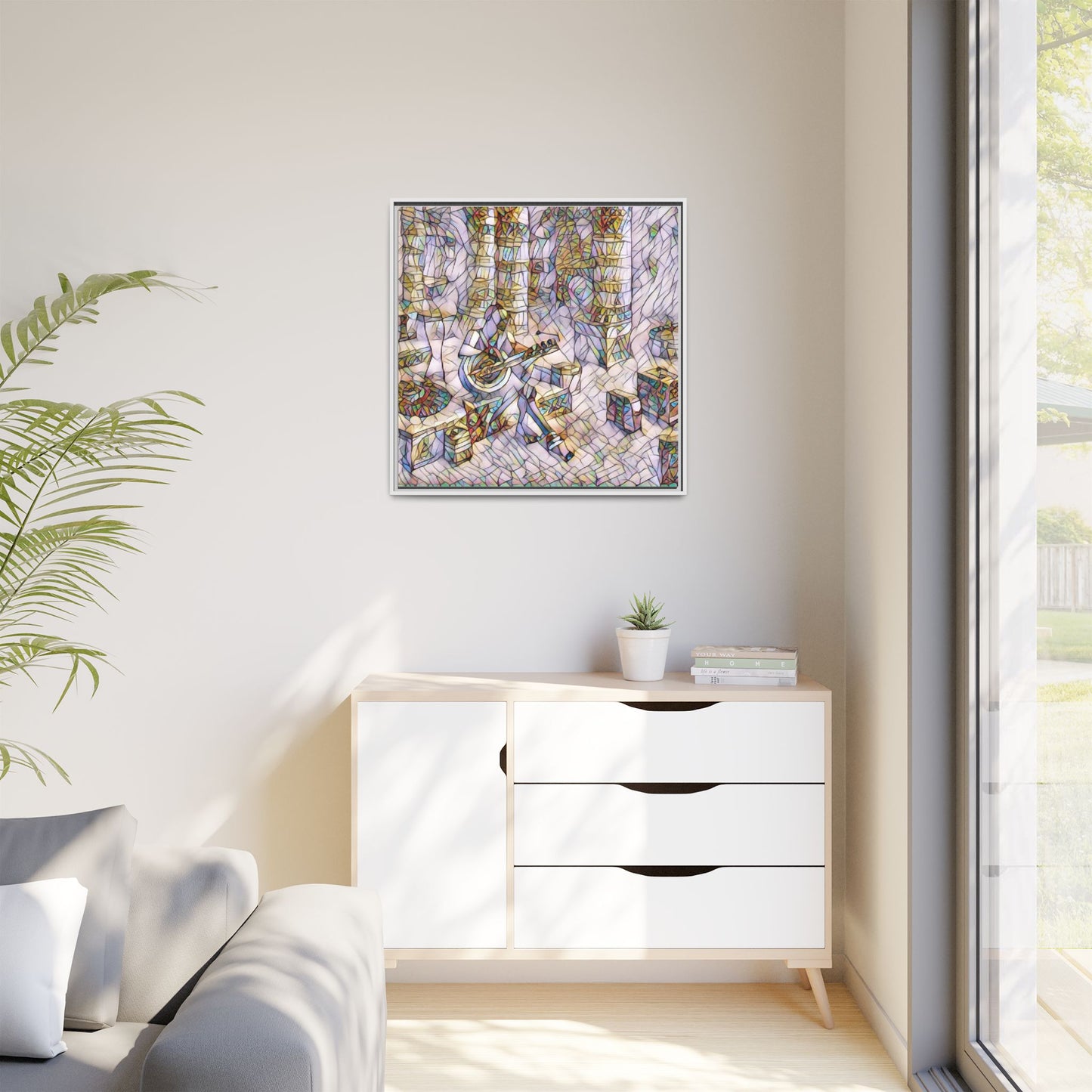 Framed Matte Canvas Art - Abstract Guitarist in Colorful Mosaic