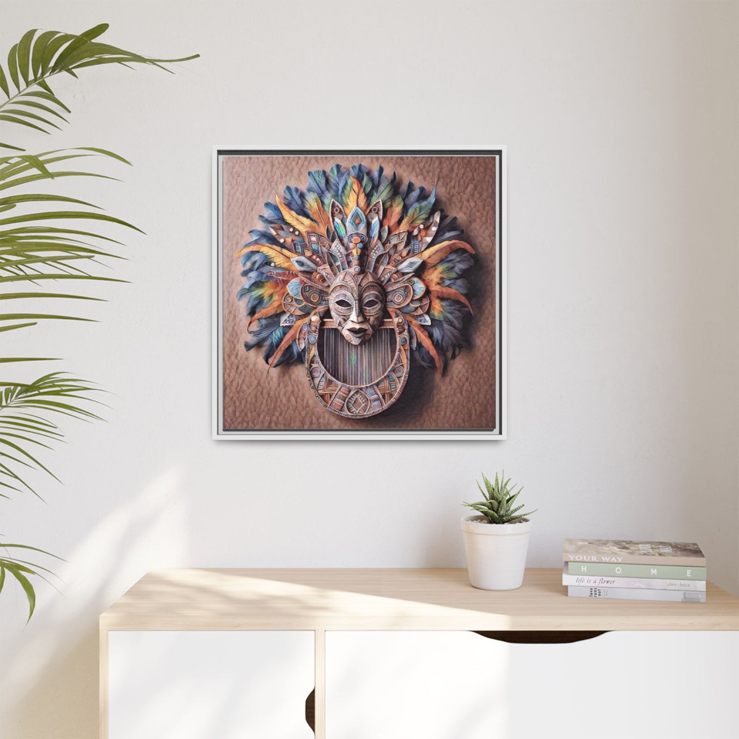 Tribal Feather Mask Framed Canvas Wall Art — Colorful Boho Decorative Print