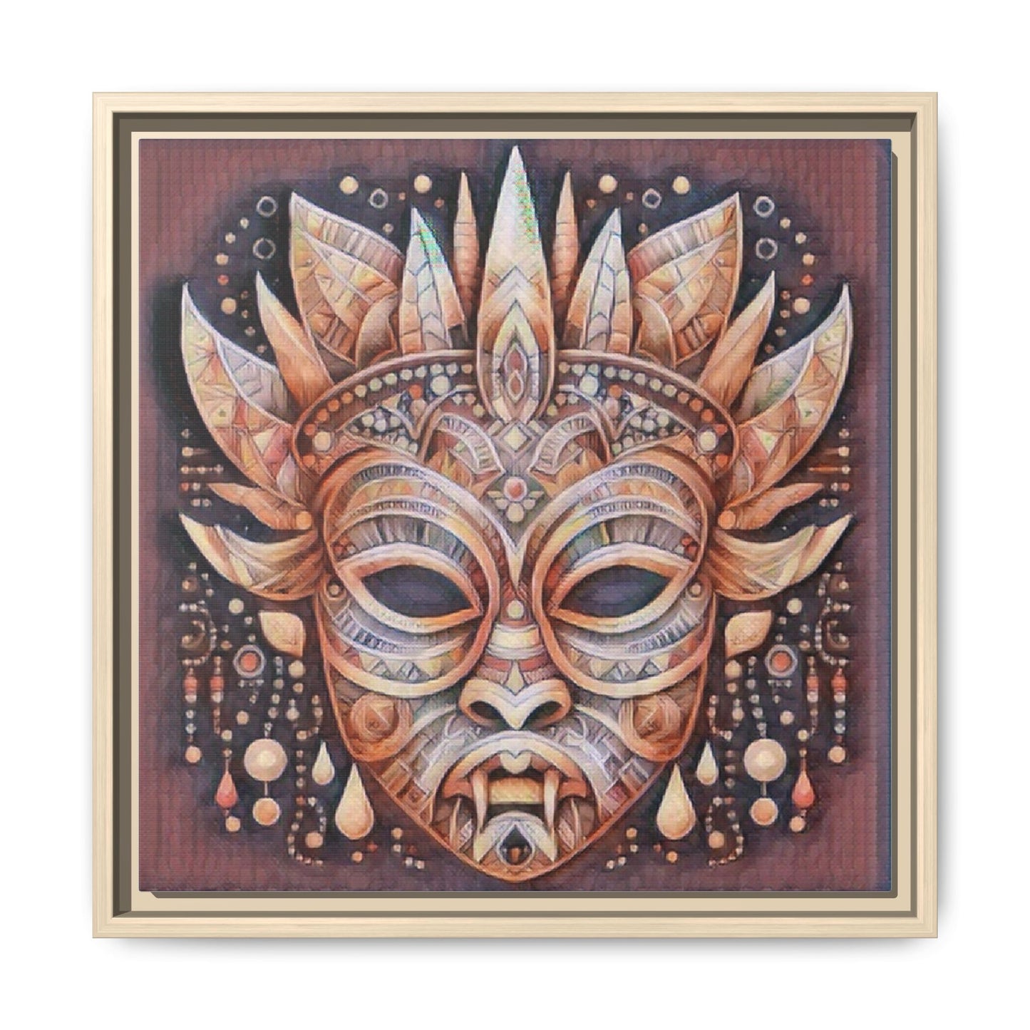 Tribal Sun Mask Framed Canvas Art — Boho Ethnic Wall Decor