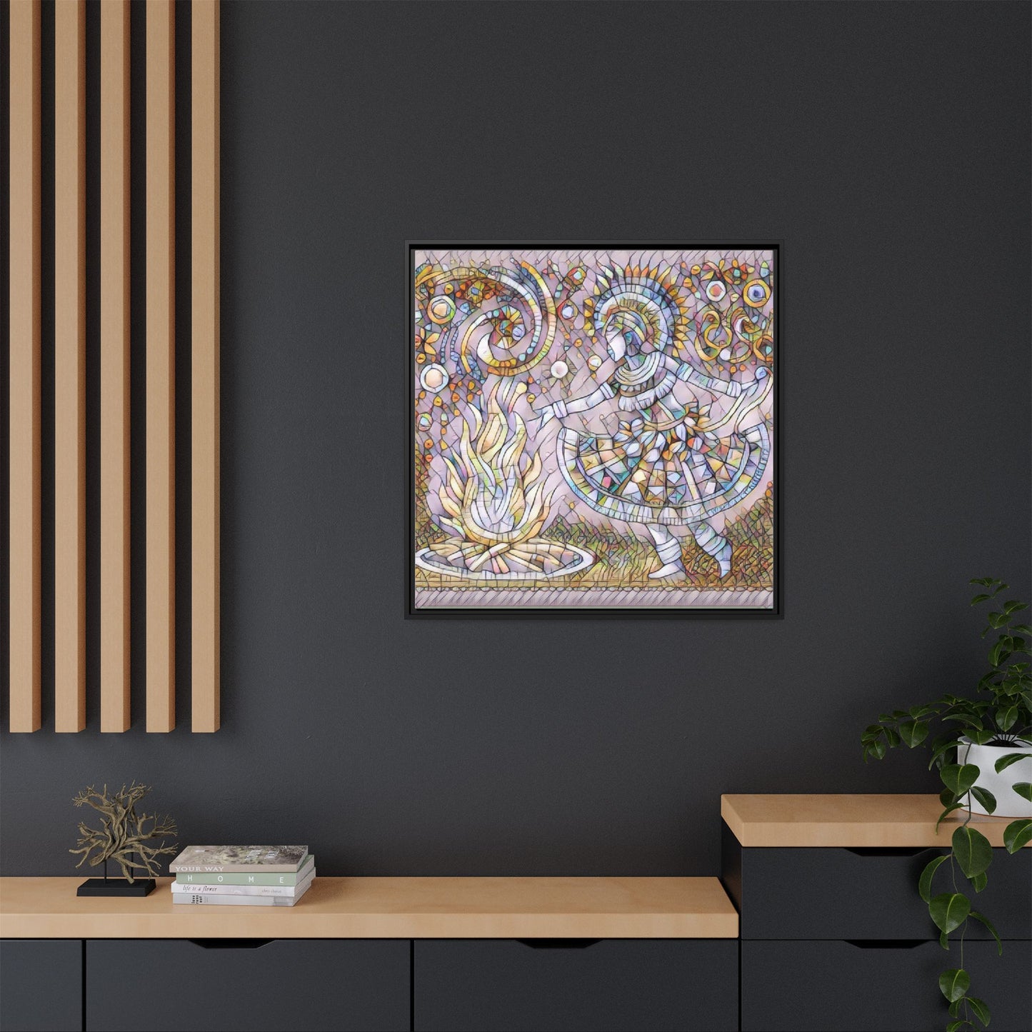 Bohemian Fire Dancer Framed Canvas Art — Colorful Folk Mosaic Wall Decor