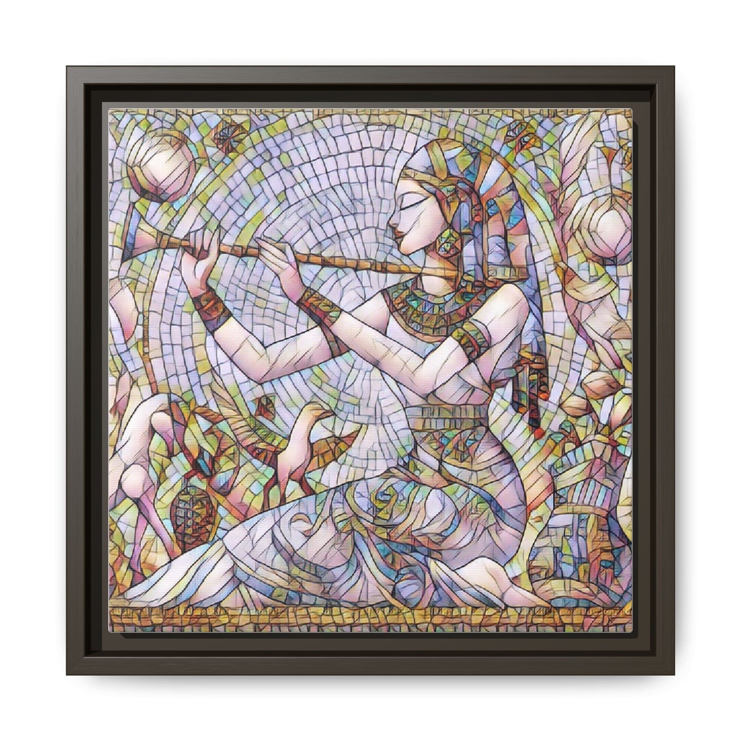 Egyptian Flute Player Framed Canvas Art — Colorful Mosaic Wall Decor