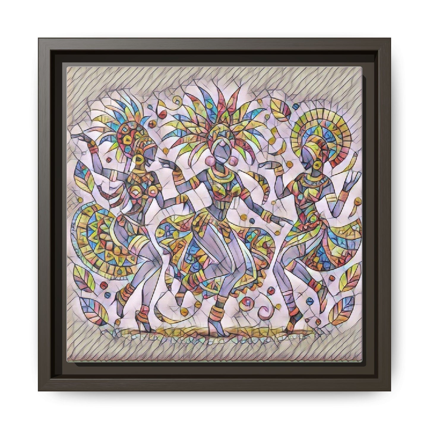 Colorful Carnival Dancers Framed Canvas Art — Multicolor Tribal Celebration Print