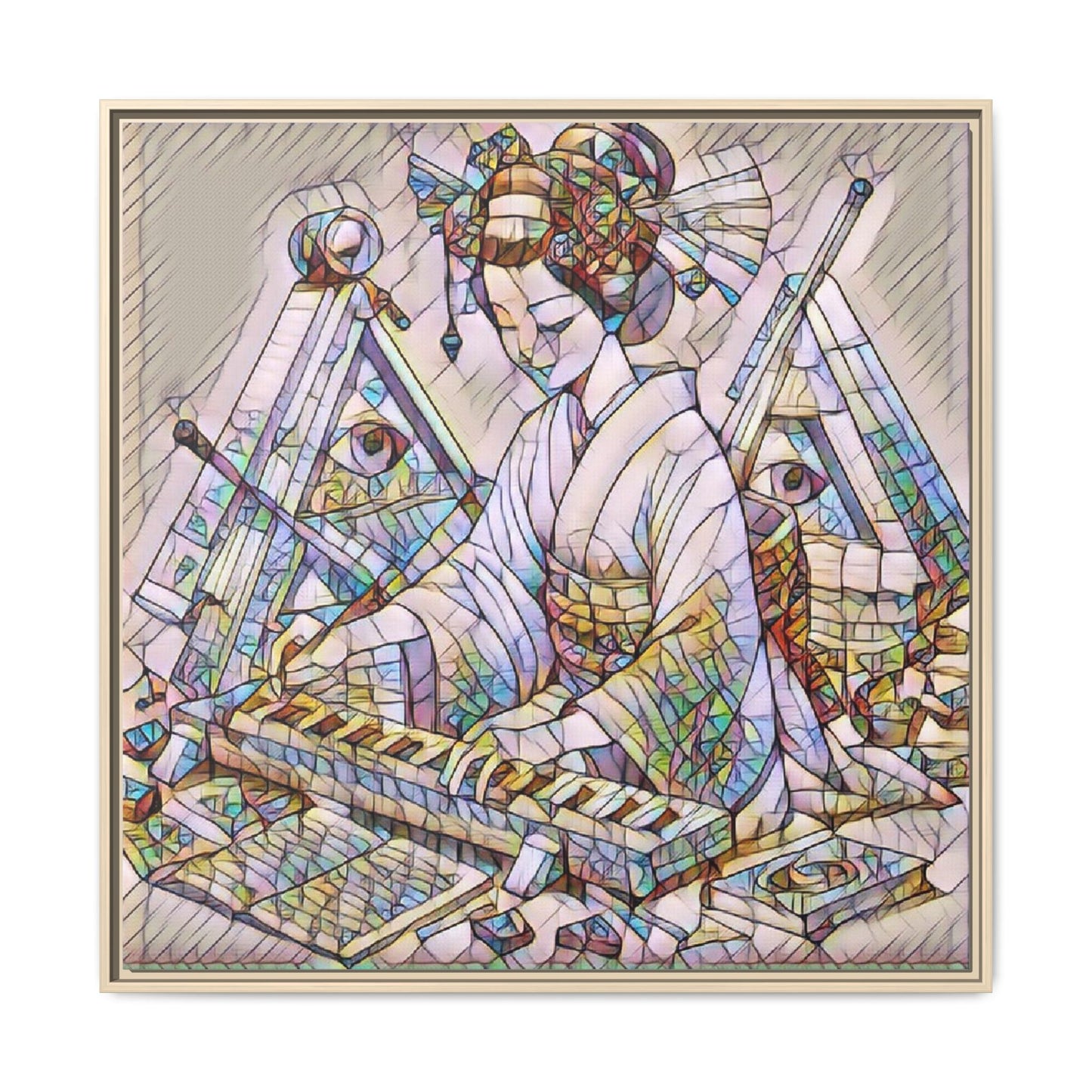 Framed Matte Canvas: Stained-Glass Geisha Wall Art