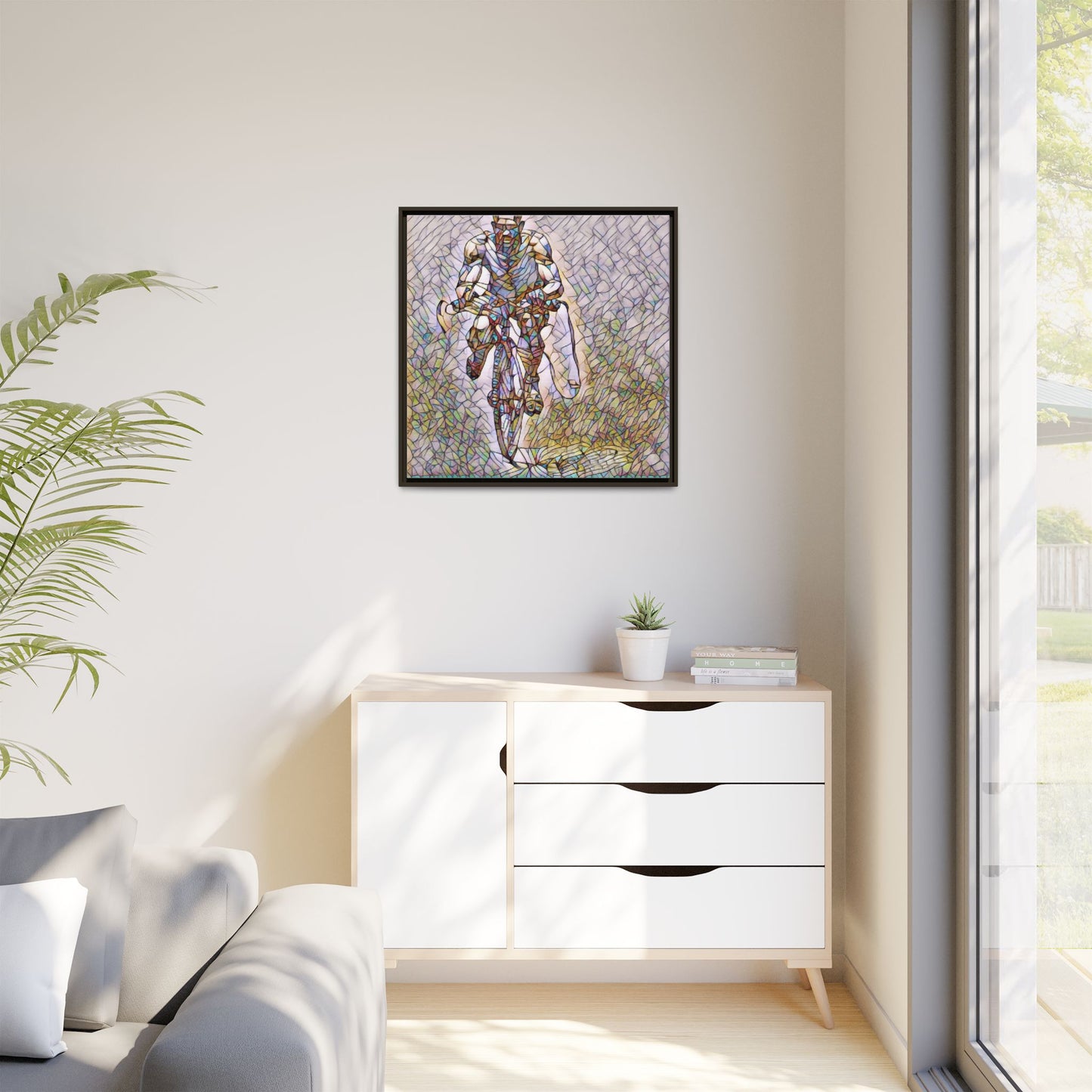 Cyclist Art Print — Framed Matte Canvas Wall Art (Multicolor Stained-Glass Style)