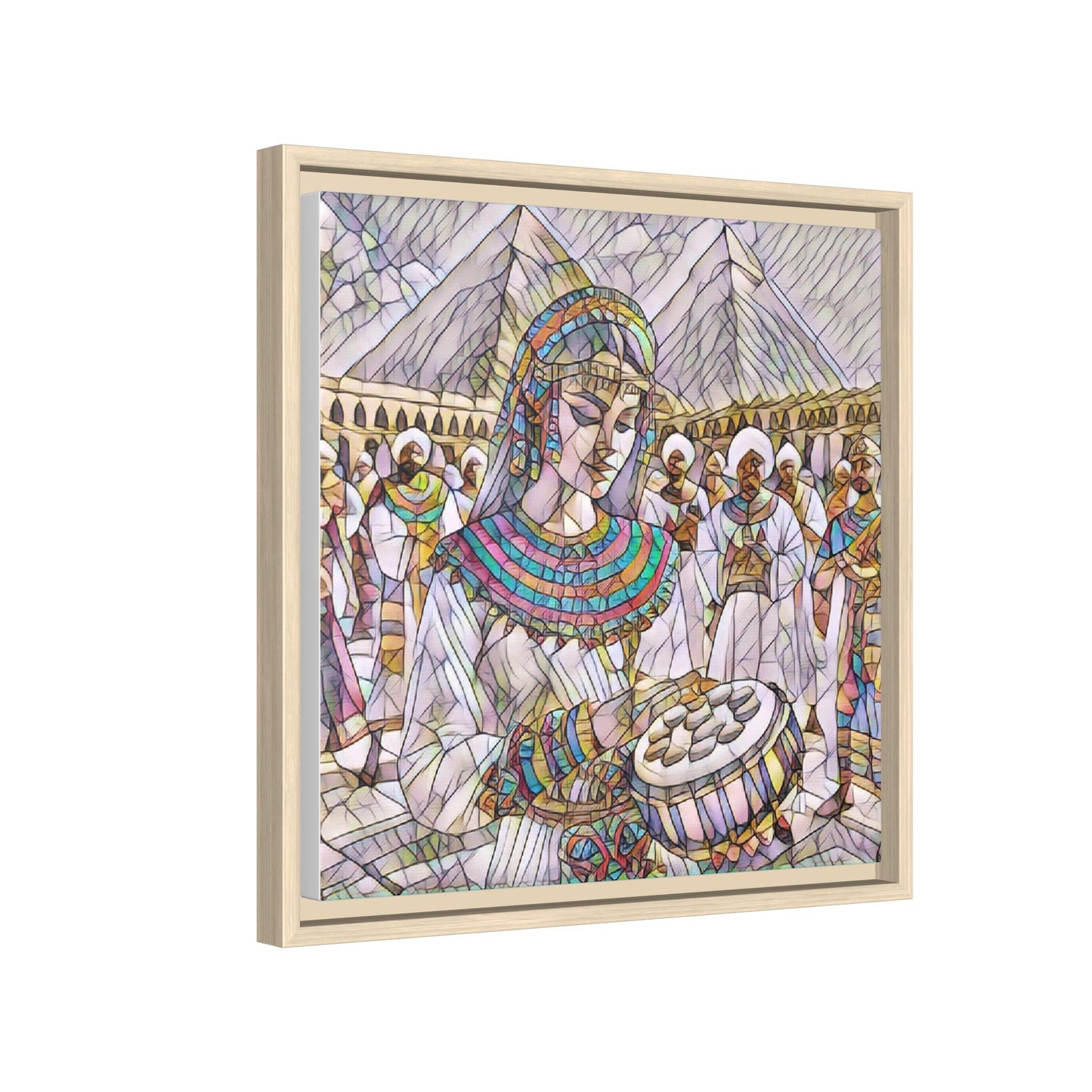 Egyptian Drum Player Framed Canvas Art — Colorful Ancient Scene Wall Decor