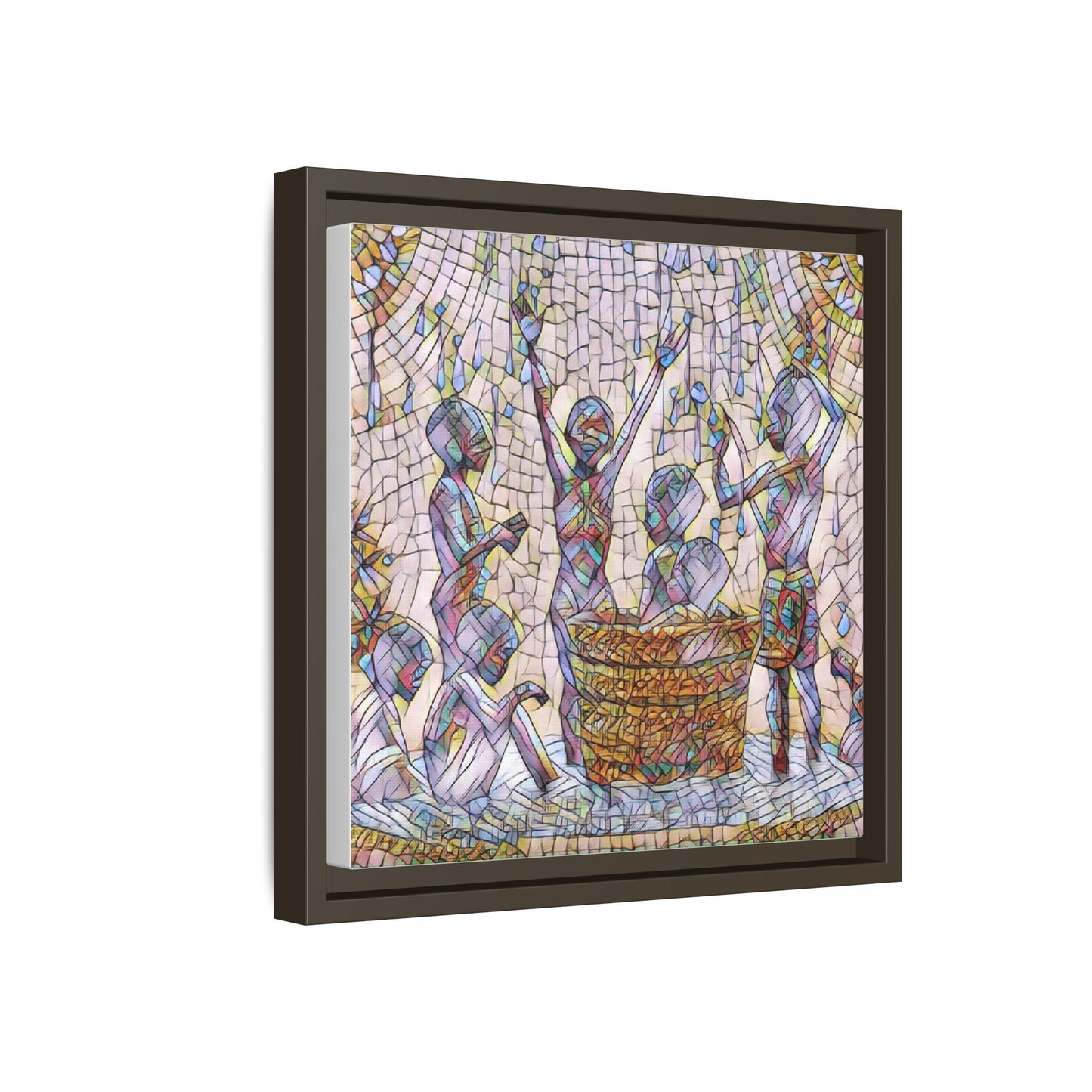 Framed Matte Canvas Art — Children Playing Mosaic Illustration