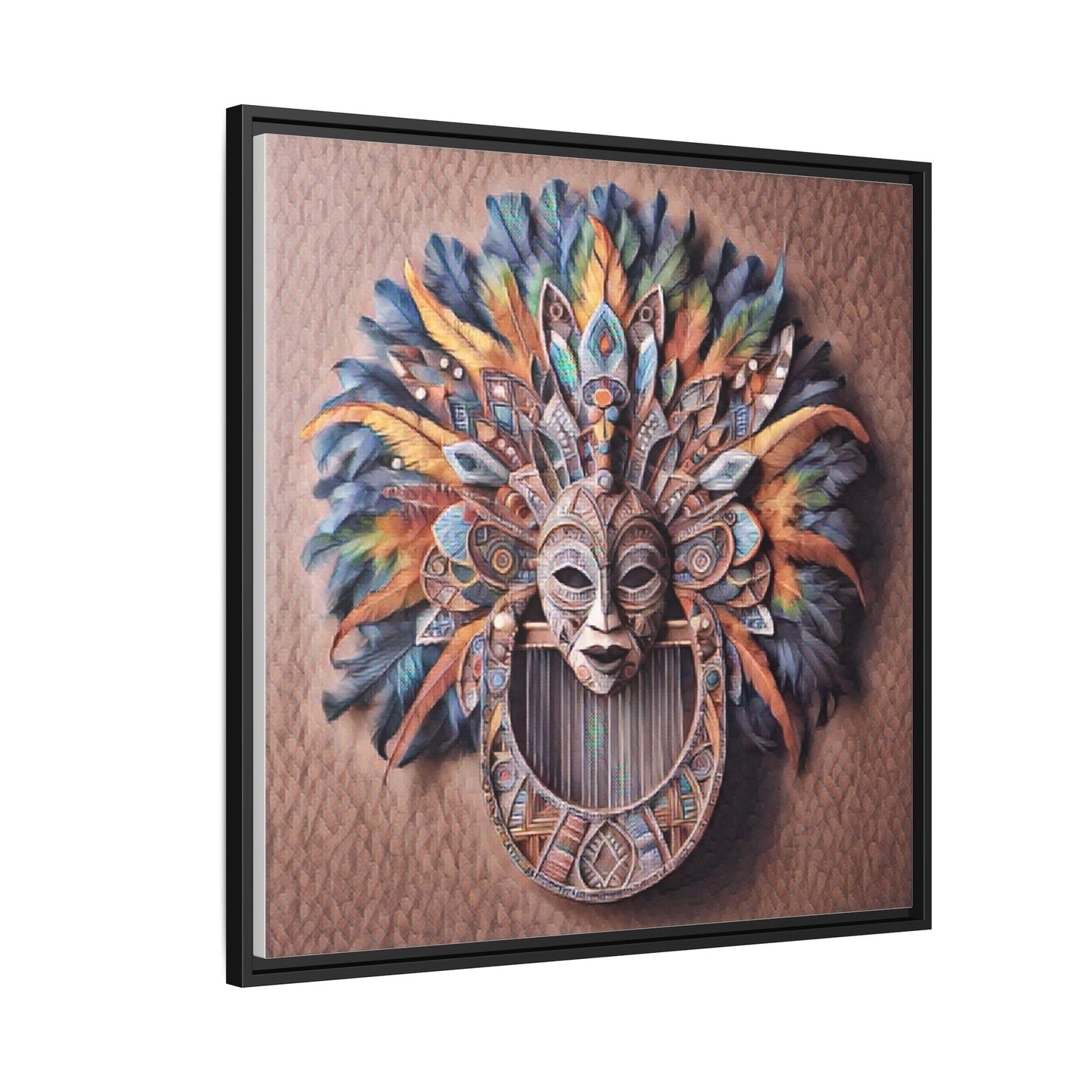 Tribal Feather Mask Framed Canvas Wall Art — Colorful Boho Decorative Print