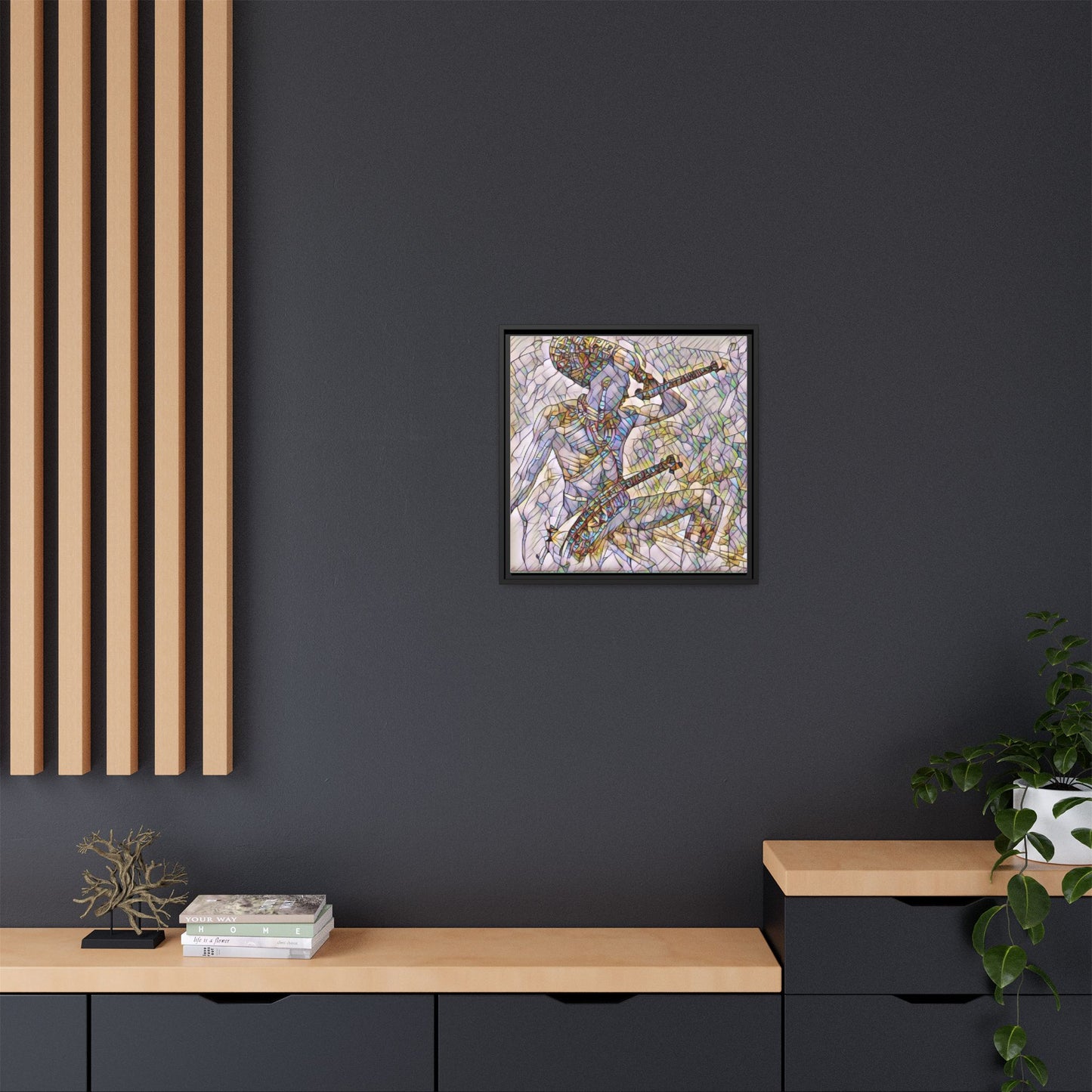 Stained Glass Blue Musician — Framed Matte Canvas Art